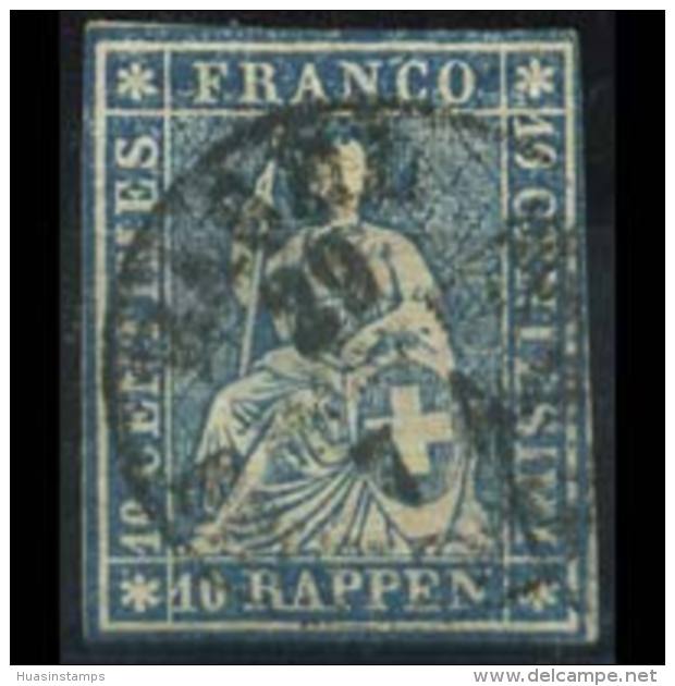 SWISS 1855 - Scott# 27 Helvetia Blue Set Of 1 Used Back Thin - Oblitérés