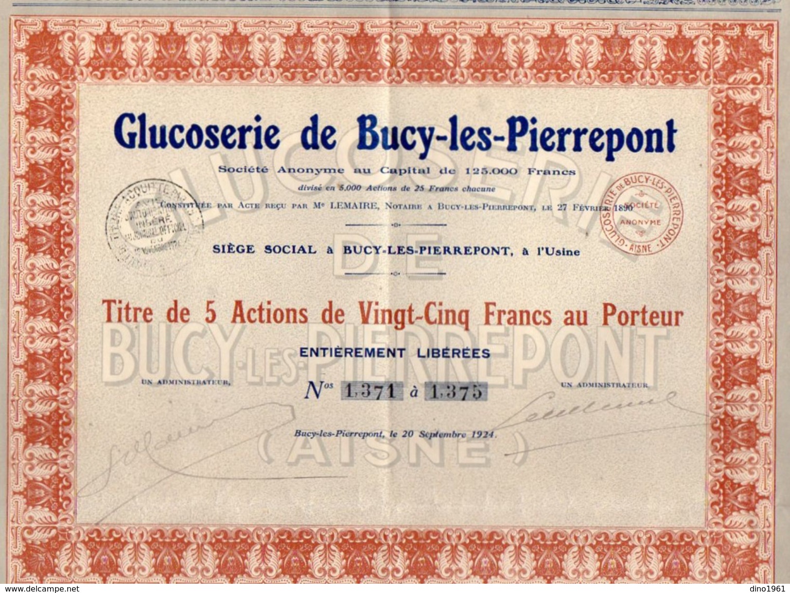VP10.601 - BUCY LES  PIERREPONT 1924 - Action - Glucoserie De BUCY LES  PIERREPONT - Landwirtschaft
