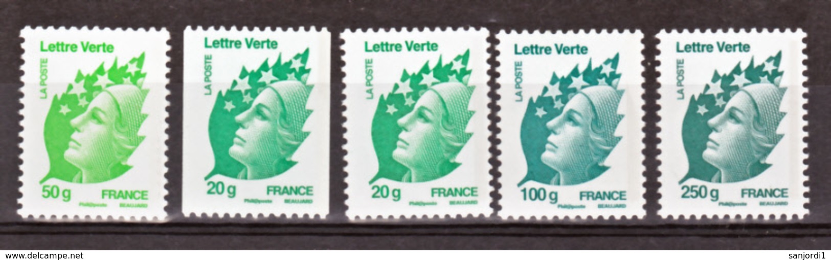 France 4593 4597 Marianne Lettres Vertes Roulette Incluse Neuf TB ** MNH Sin Charnela Faciale 7.84 - Neufs