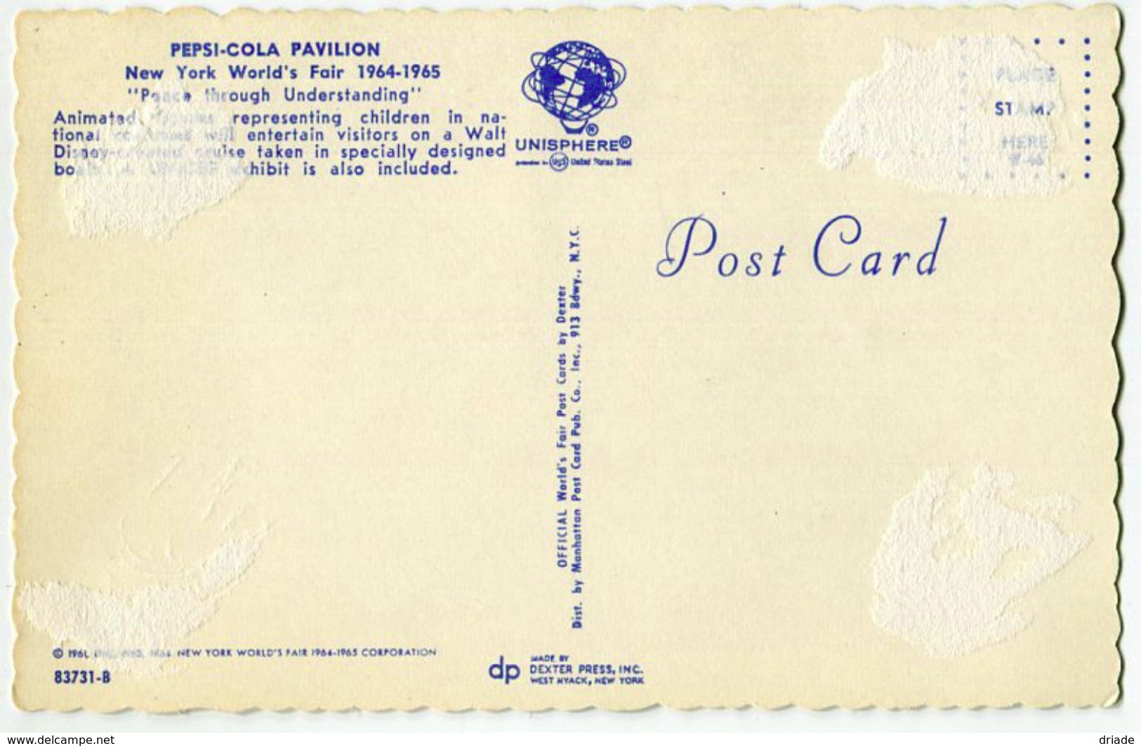 CARTOLINA NEW YORK WORLD'S FAIR PEPSI COLA PAVILLON WALT DISNEY ANNO 1964 1965 - Polizia – Gendarmeria