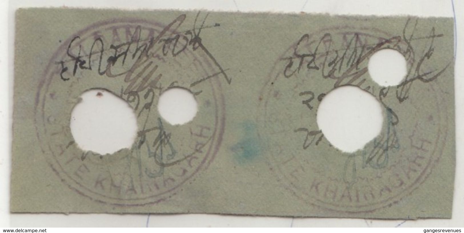 KHAIRAGARH State  2A Pair  Blue ON Green  Talbana Fee  Type 25  #  98966  Inde Indien India Fiscaux - Sirmur