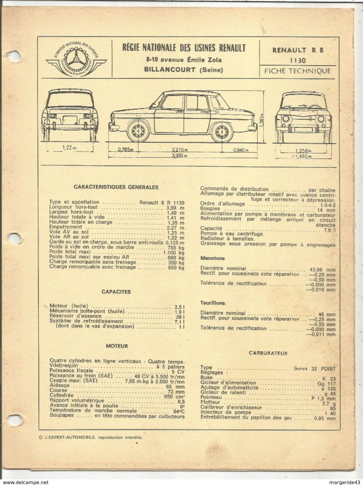 FICHE TECHNIQUE EXPERT - RENAULT R8 R1130 - Voitures