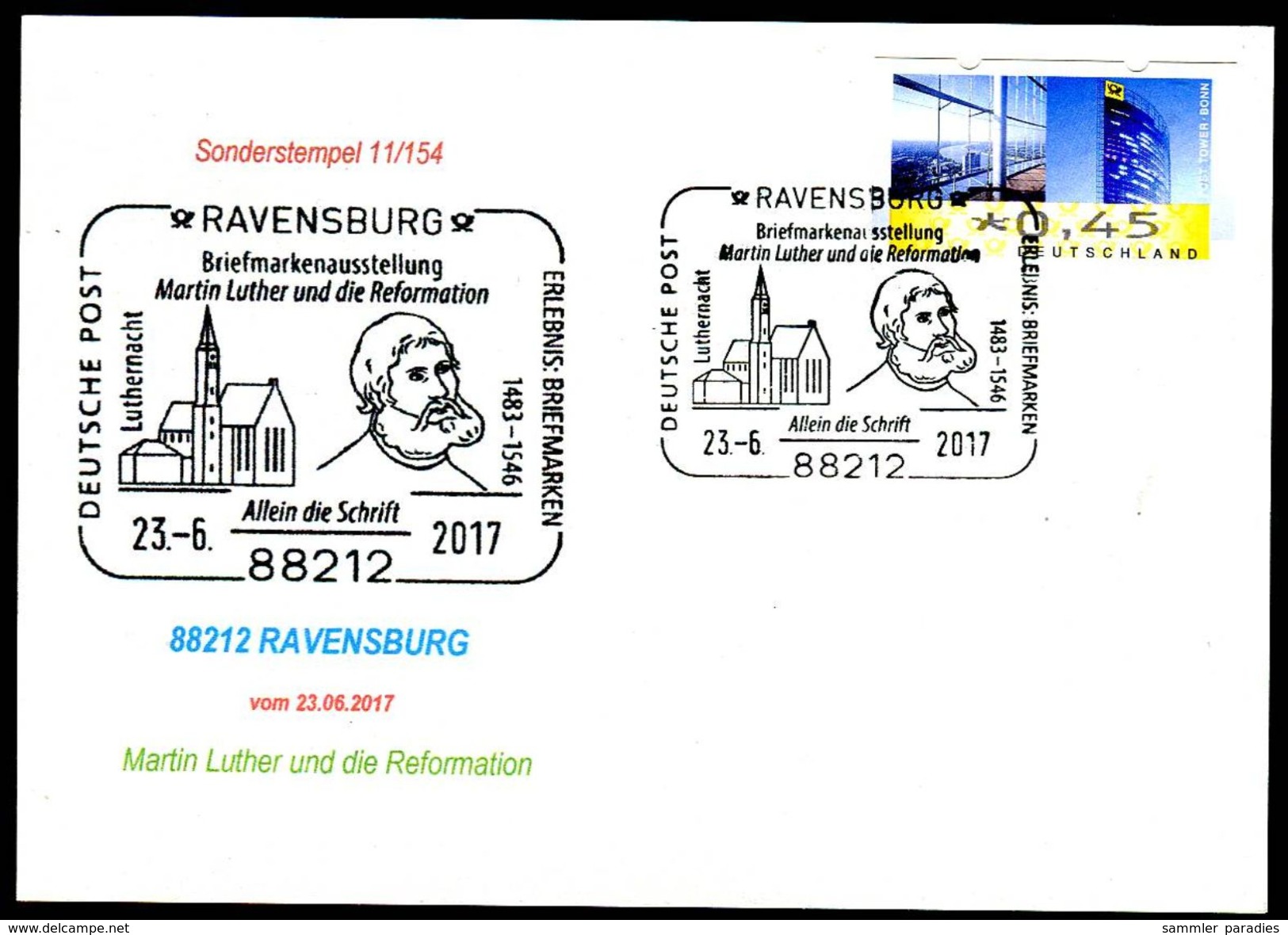 81596) BRD - Karte - SoST 88212 RAVENSBURG Vom 23.06.2017 - Martin Luther, Reformation, Kirche - Maschinenstempel (EMA)