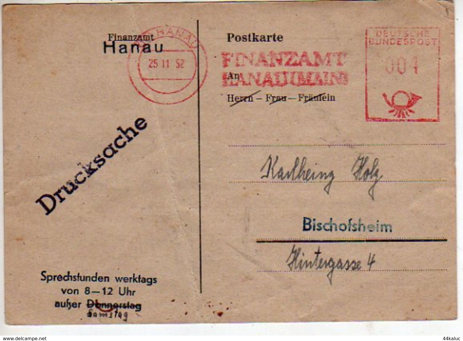 FINANZAMT HANAU 1952  Scan Recto Verso - Hanau