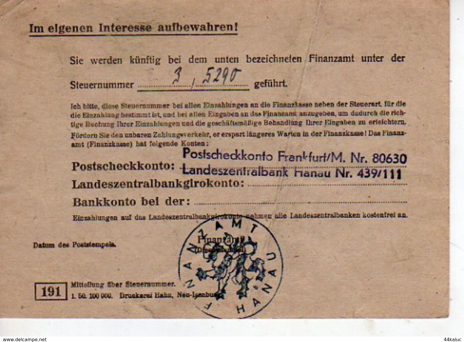 FINANZAMT HANAU 1952  Scan Recto Verso - Hanau