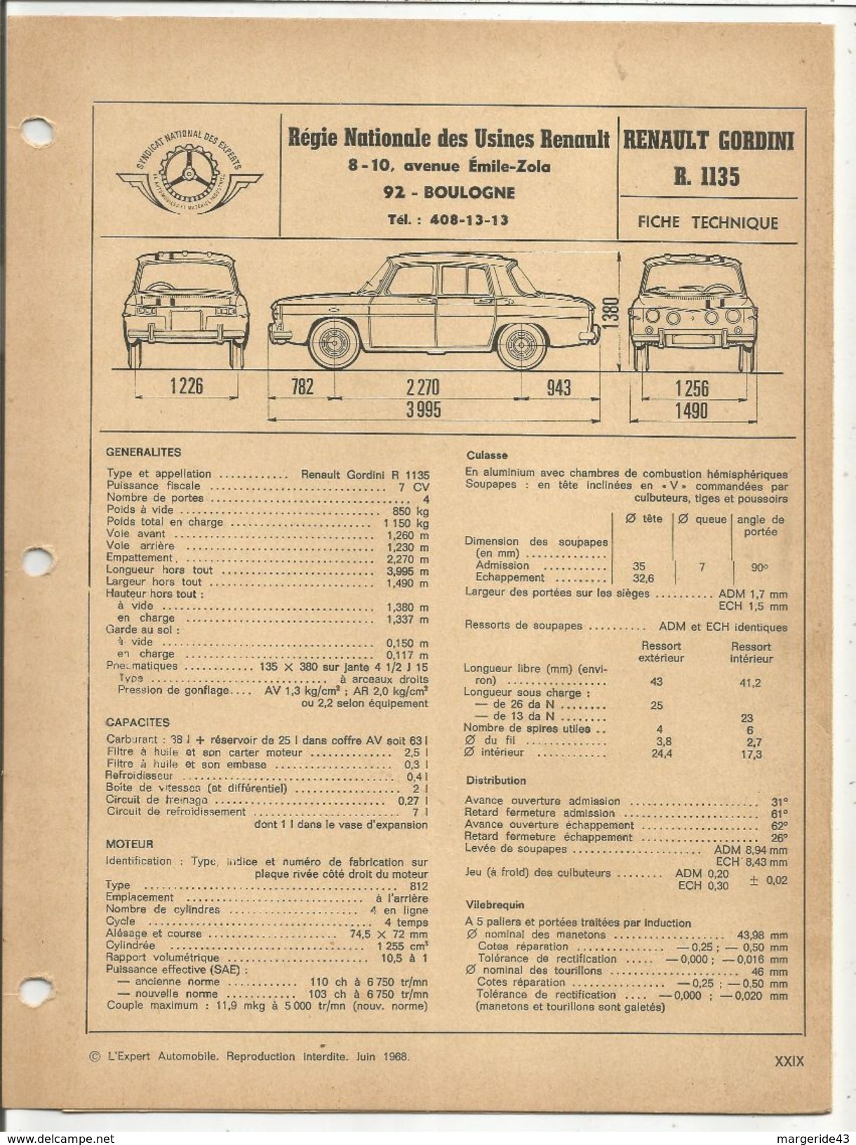 FICHE TECHNIQUE EXPERT - RENAULT GORDINI R1135 - Coches