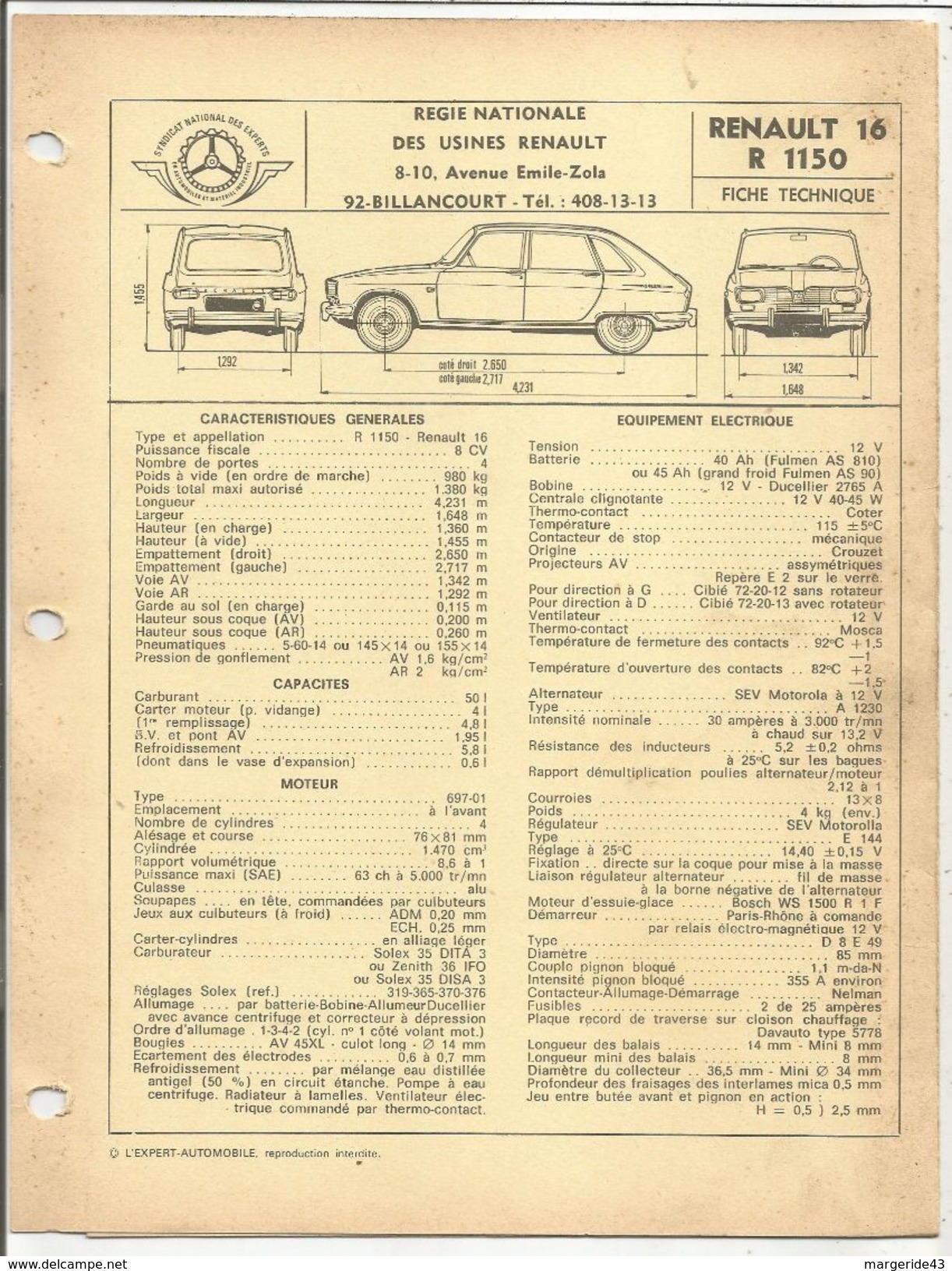 FICHE TECHNIQUE EXPERT - RENAULT 16 R1150 - Auto's