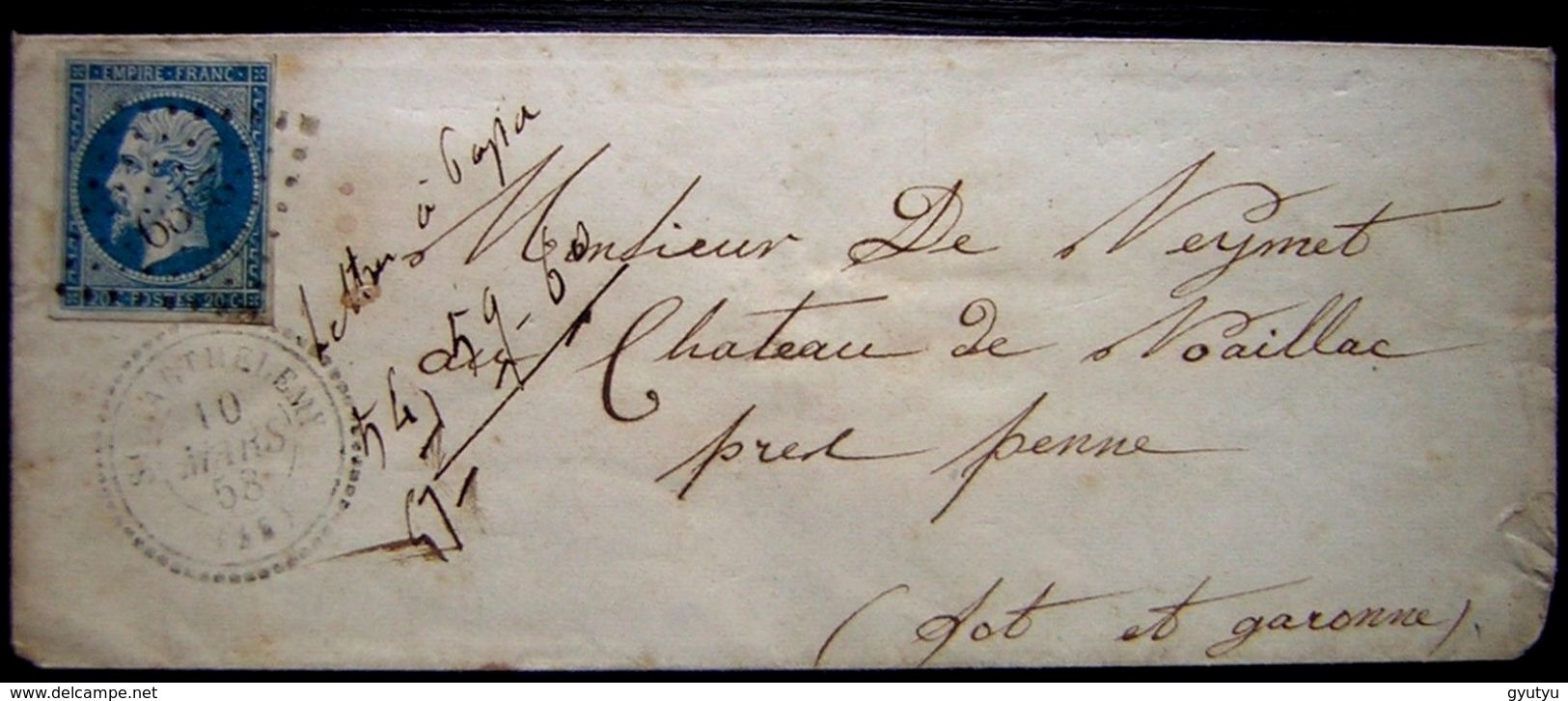 1858 Saint Barthélemy D'agenais (Lot Et Garonne) Indice 13 PC 2999 Joli Cachet Sur Une Lettre Pour Penne - 1849-1876: Période Classique