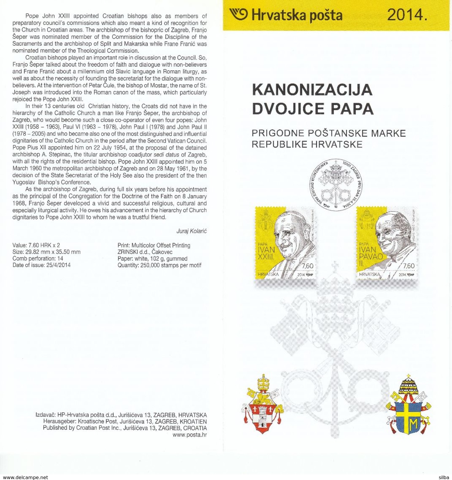 Croatia 2014 / Prospectus, Leaflet, Brochure / Canonisation Of Two Popes / John Paul II, John XXIII - Päpste