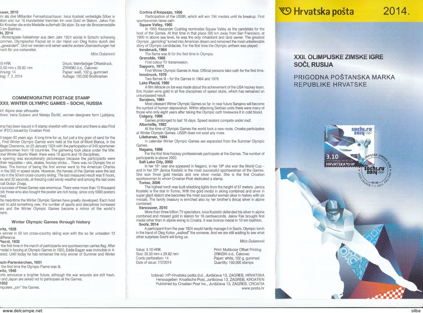 Croatia 2014 / Prospectus, Leaflet, Brochure / XXII Winter Olympic Games - Sochi / Alpine Skiing - Winter 2014: Sotschi
