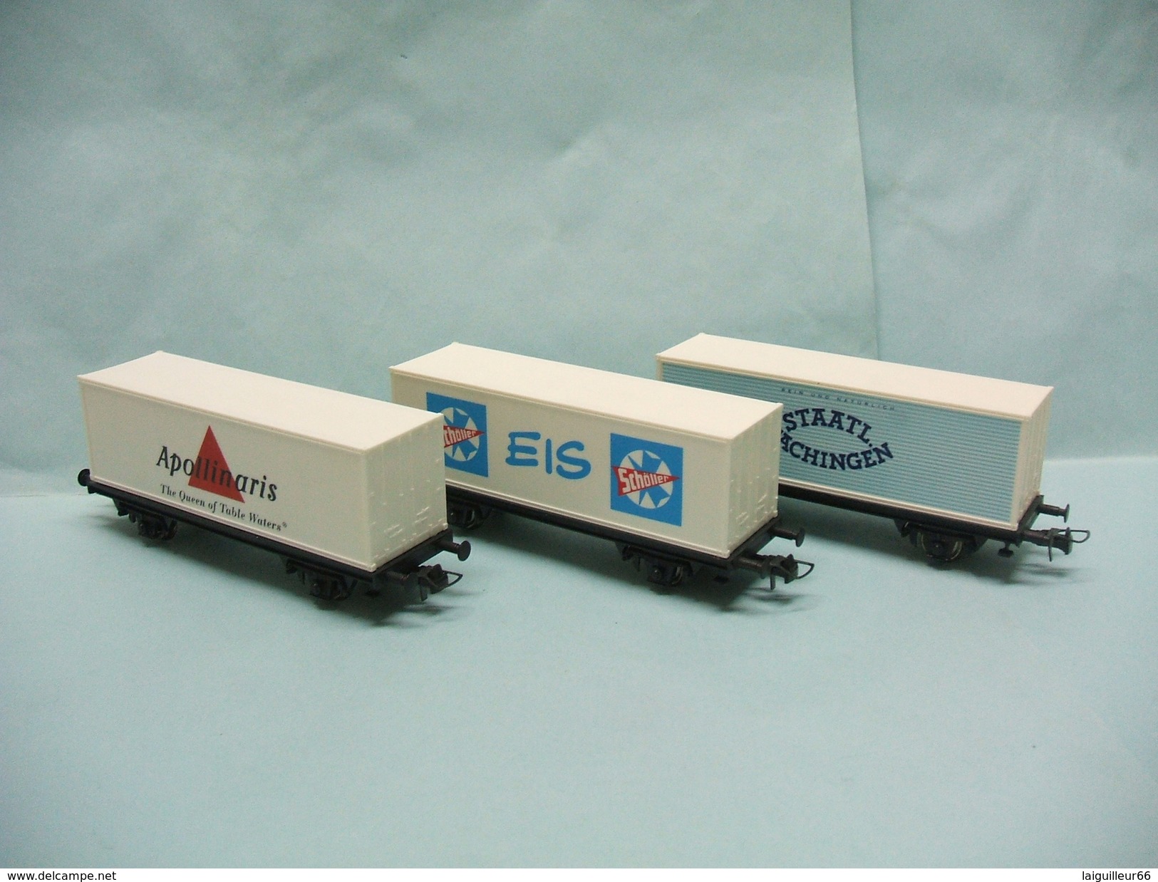 Roco - 3 WAGONS PORTE CONTENEUR Apollinaris  + EIS Schöller + Staatl Fachingen HO 1/87 - Wagons Marchandises