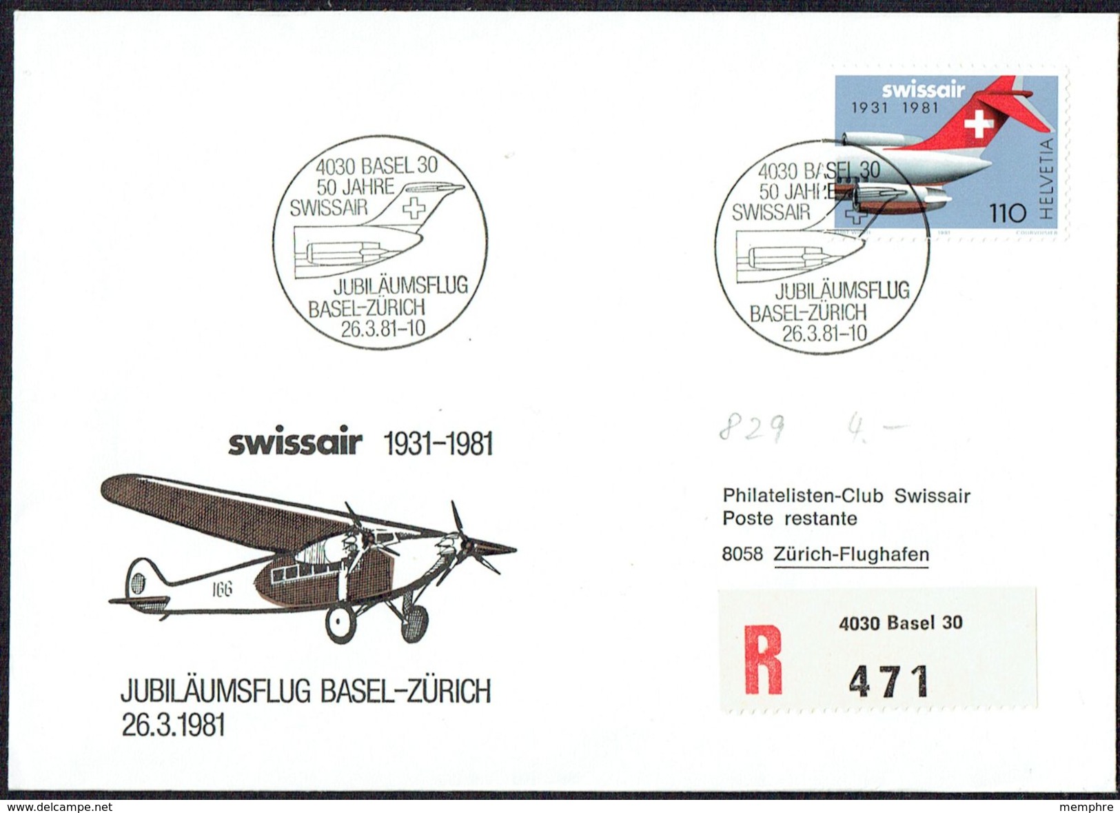 1981  Cinquantenaire De Swissair  Vol Spécial  Bâle - Zurich - Otros & Sin Clasificación