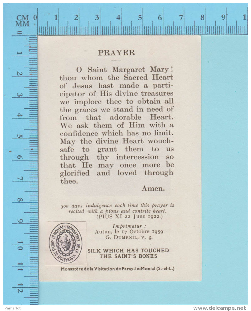 Image Reliquaire - Relique  Ste Marguerite-Marie, Tissu Qui A Touché à Ses Saints Os  -   Reliquia Relic - 2 Scans - Religion & Esotérisme