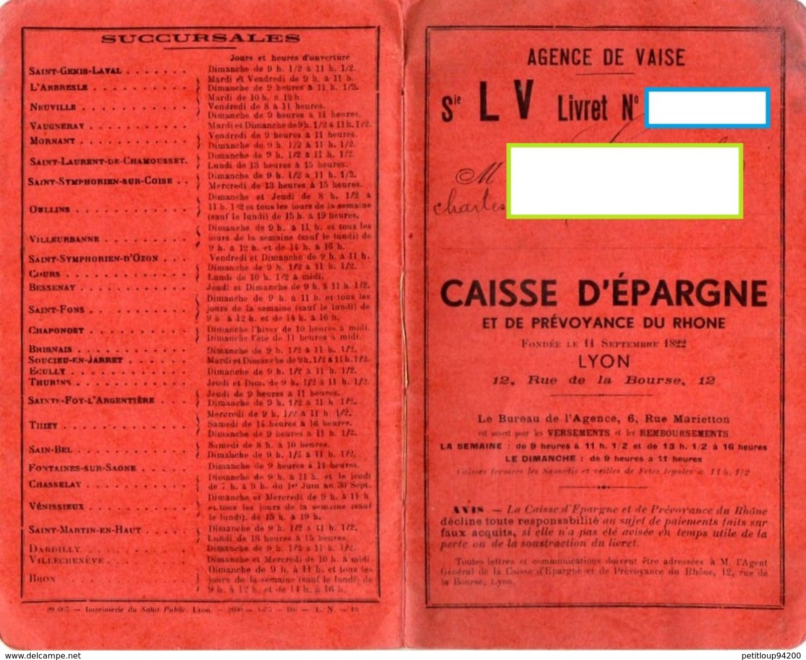 LIVRET CAISSE D'EPARGNE  Et De Prévoyance Du Rhone  LYON  Agence De Vaise  SEPTEMBRE 1935 - Banque & Assurance