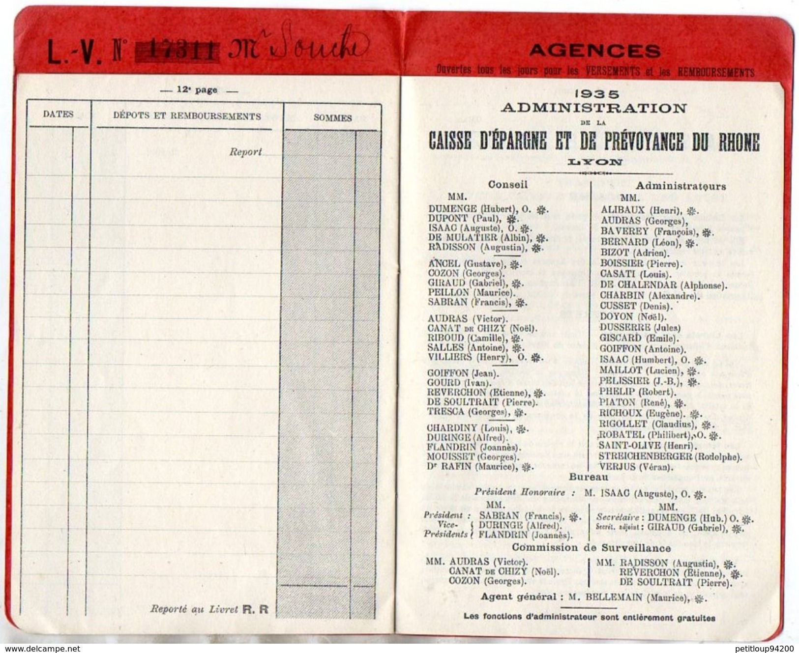 LIVRET CAISSE D'EPARGNE  Et De Prévoyance Du Rhone  LYON  Agence De Vaise  SEPTEMBRE 1935 - Banque & Assurance