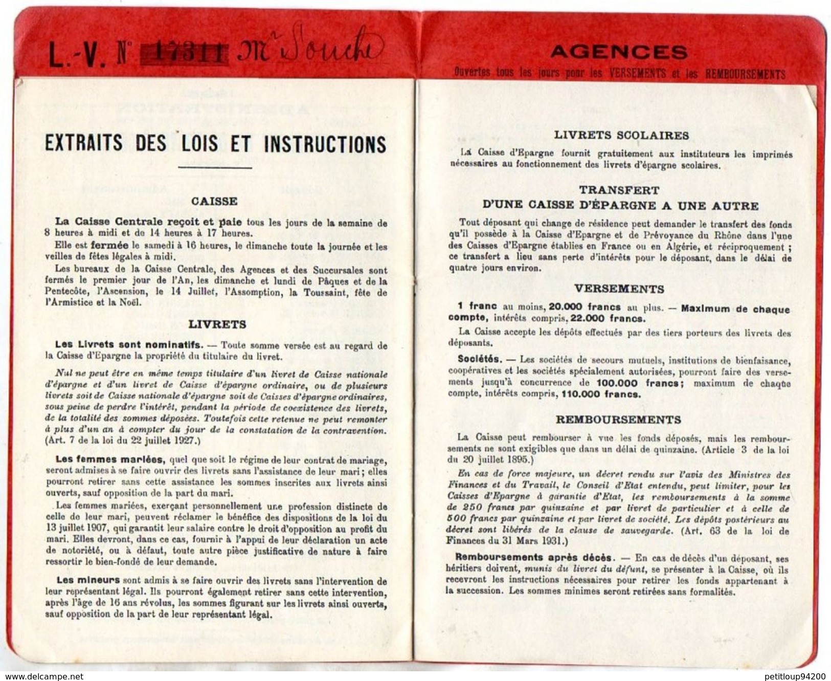 LIVRET CAISSE D'EPARGNE  Et De Prévoyance Du Rhone  LYON  Agence De Vaise  SEPTEMBRE 1935 - Banque & Assurance