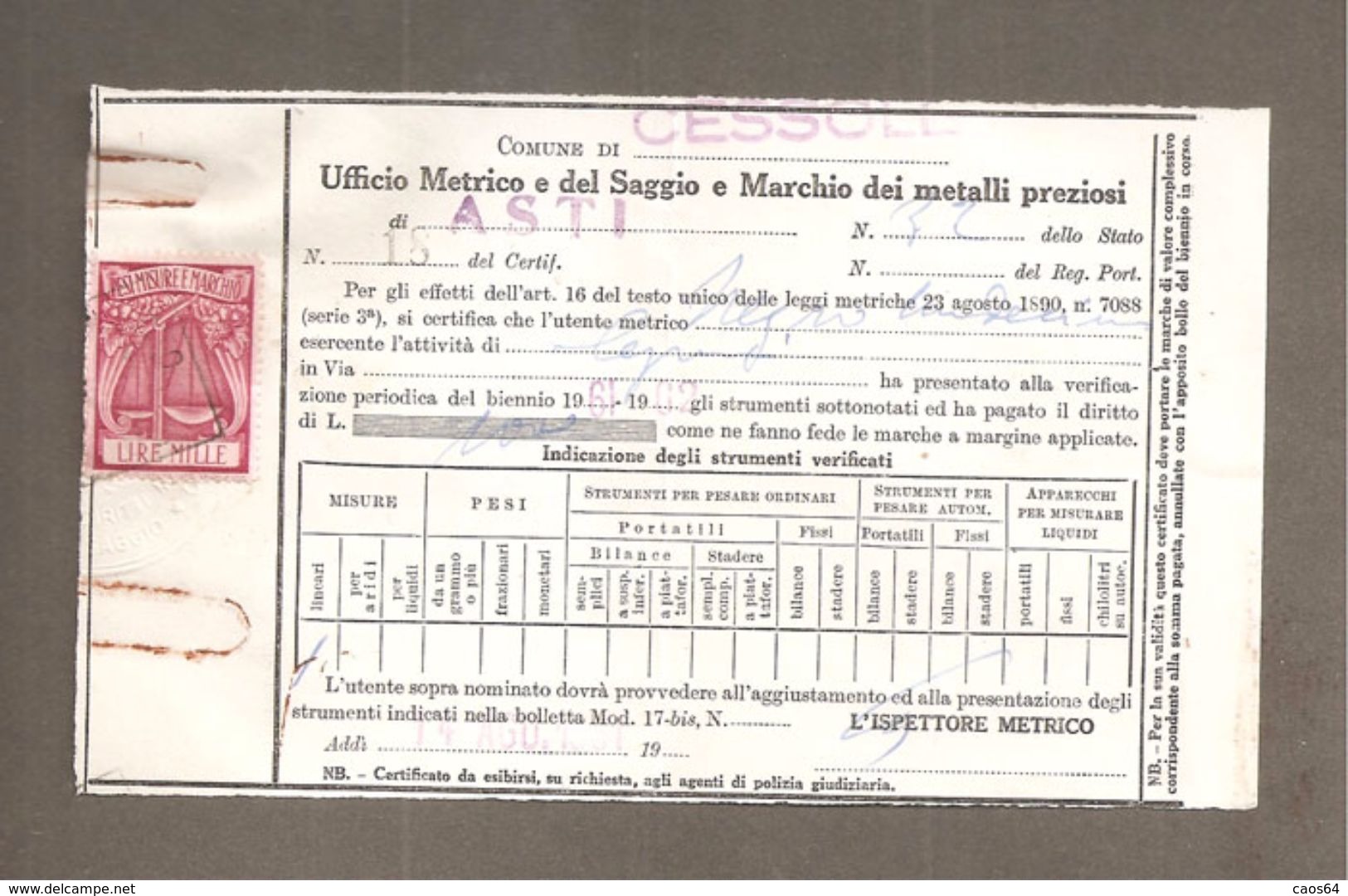 MARCA DA BOLLO PESI MISURE Lire 1000 Su Documento COMUNE CESSOLE ASTI 1961 - Fiscali