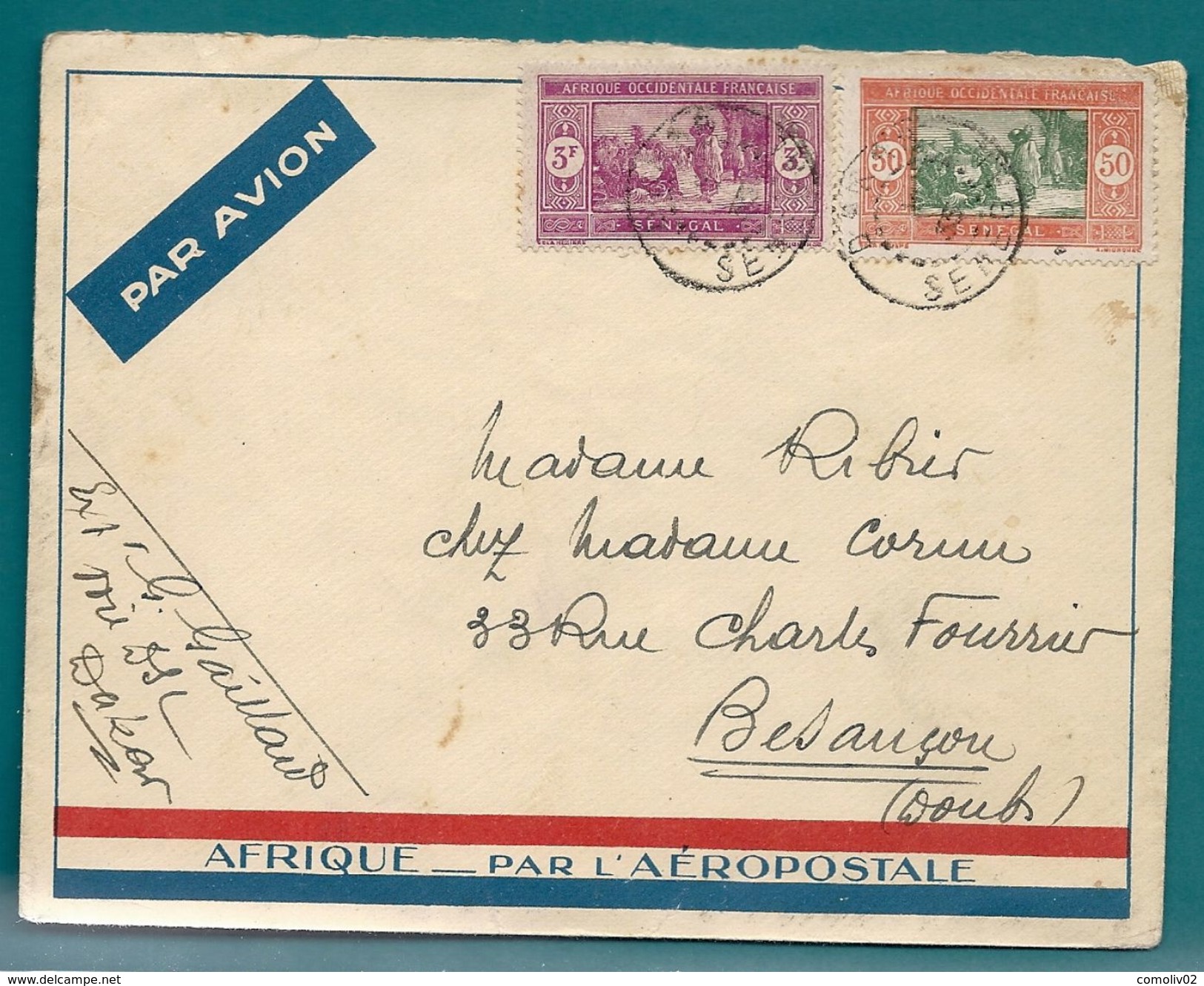 POSTE AÉRIENNE - L'AÉROPOSTALE - Lettre DAKAR (Sénégal) Pour BESANÇON (Doubs) -1935 - Luftpost