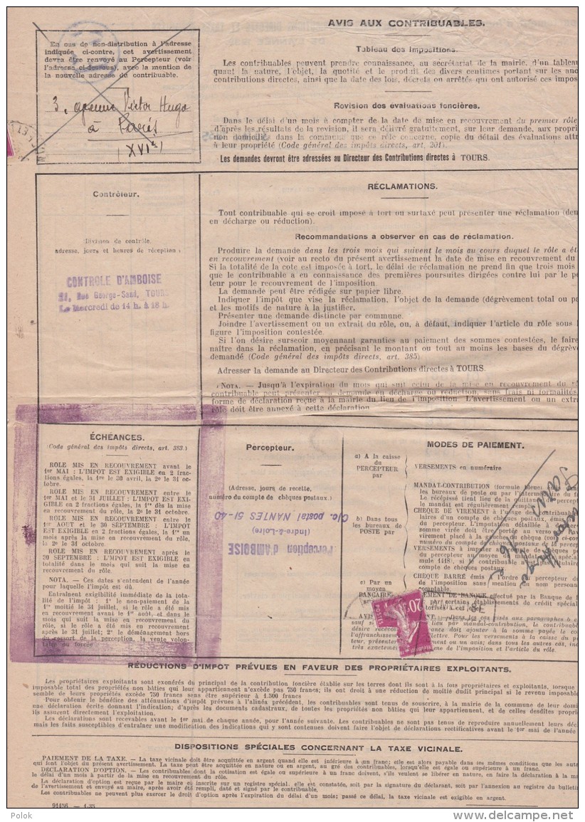 Bg - Avertissement Des Anciennes Contributions Directes De 1935 - Département 37, Commune De St Martin Le Beau - 1900 – 1949