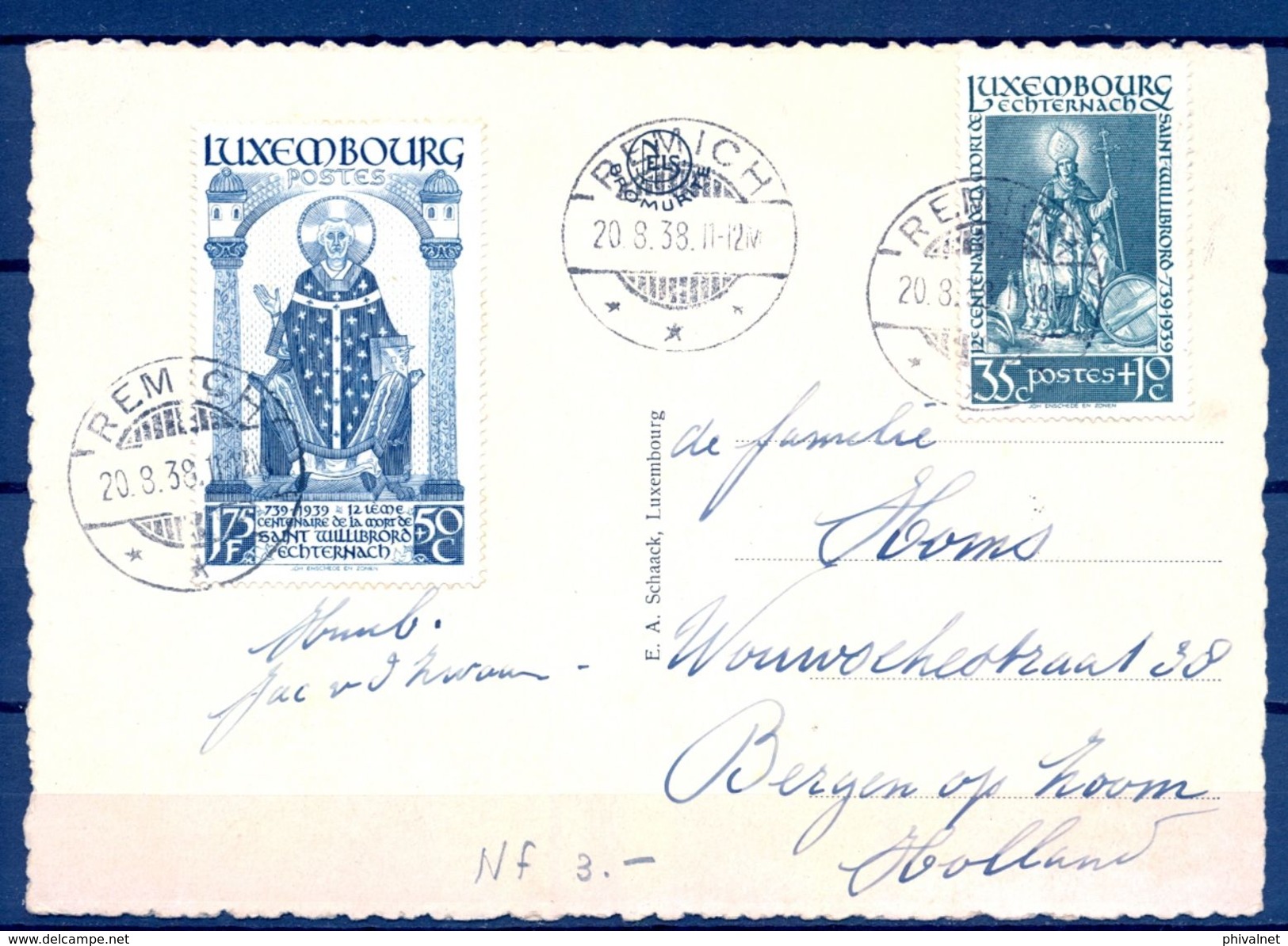 1938 , LUXEMBURGO , TARJETA POSTAL CIRCULADA ENTRE REMICH Y BERGEN EN HOLANDA. - Lettres & Documents