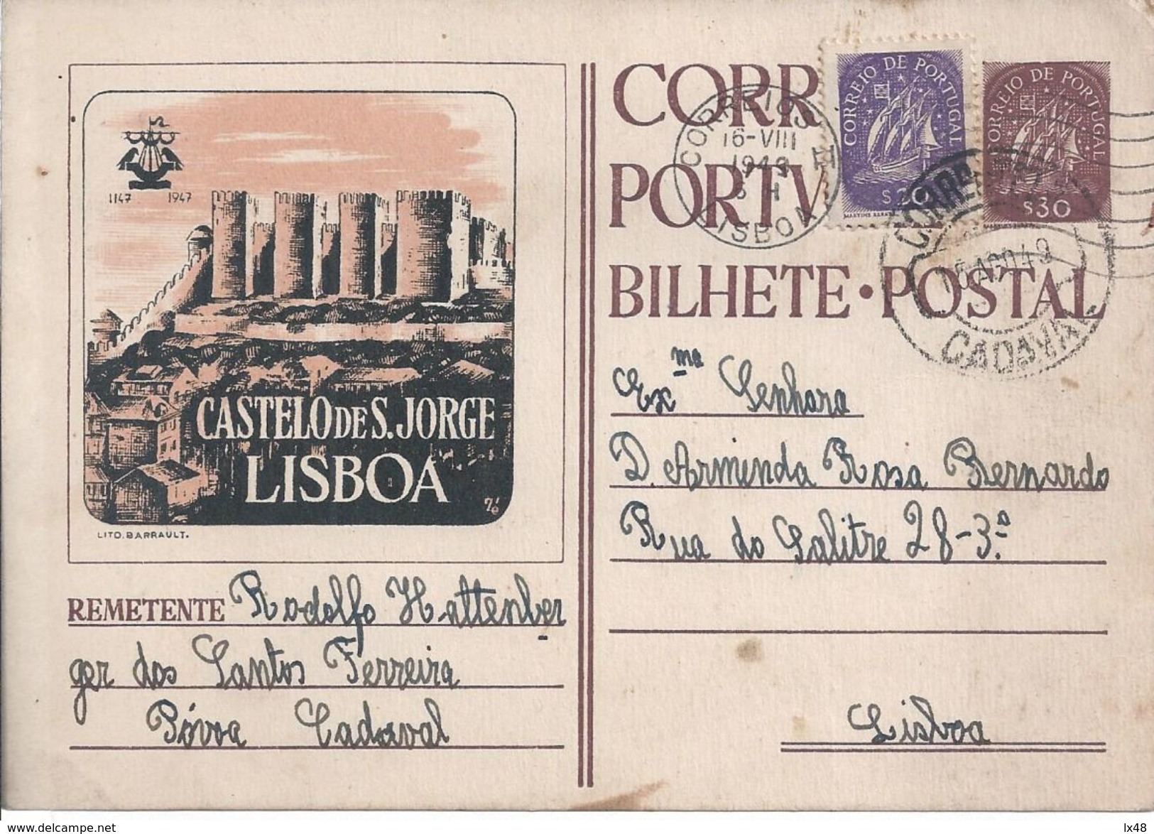 Castle S.Jorge,Lisbon.Postal Stationery With Additional Circulated 1949.St.-Georgs-Burg,Lissabon.Ganzsachen Mit Zusatz.R - Châteaux