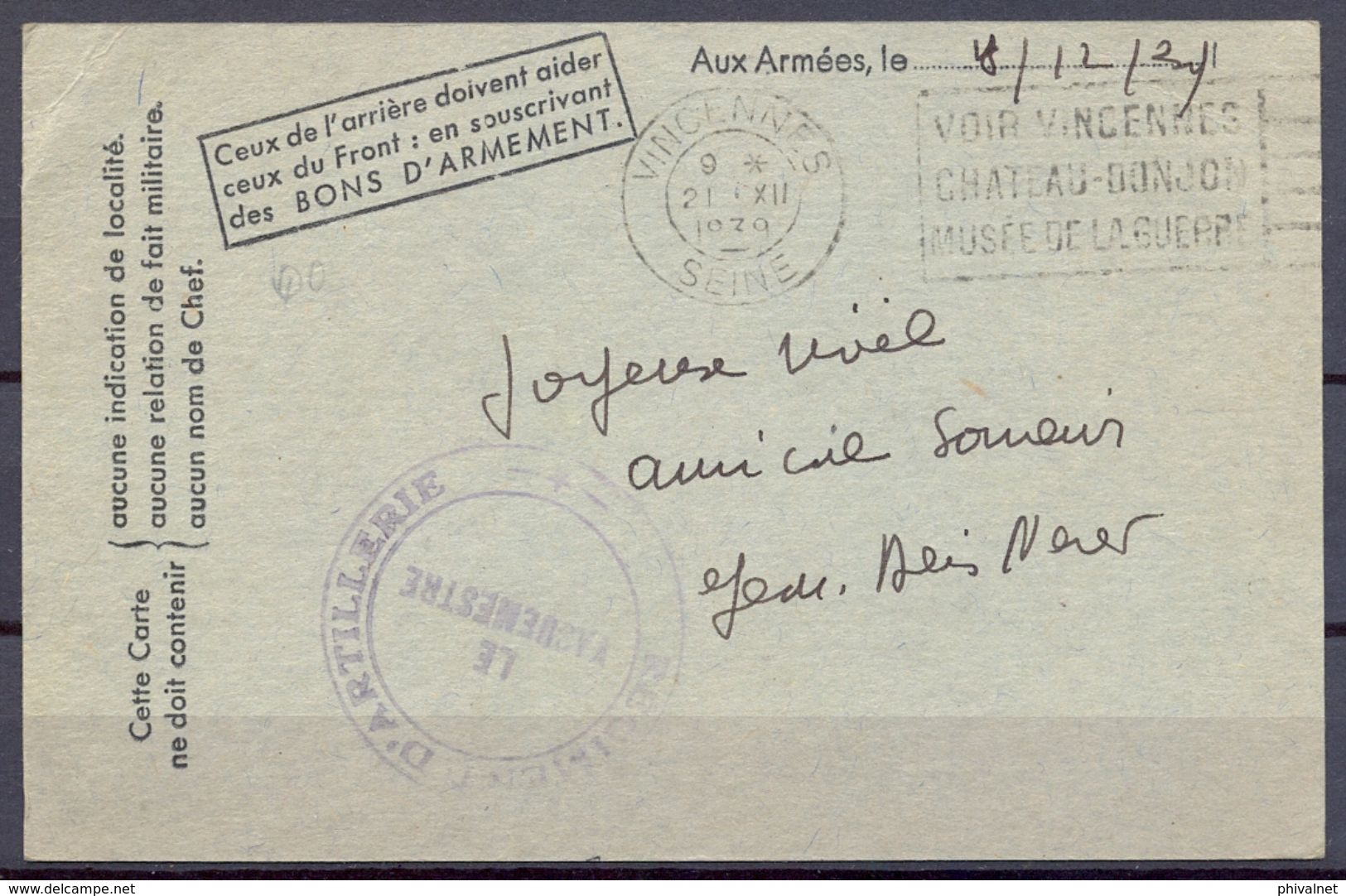 1939 , FRANCIA , CARTA POSTAL MILITAR , VINCENNES - AMSTERDAM , FRANQUICIA DEL REGIMENT D´ARTILLERIE / LE VAGUEMESTRE. - Cartas & Documentos