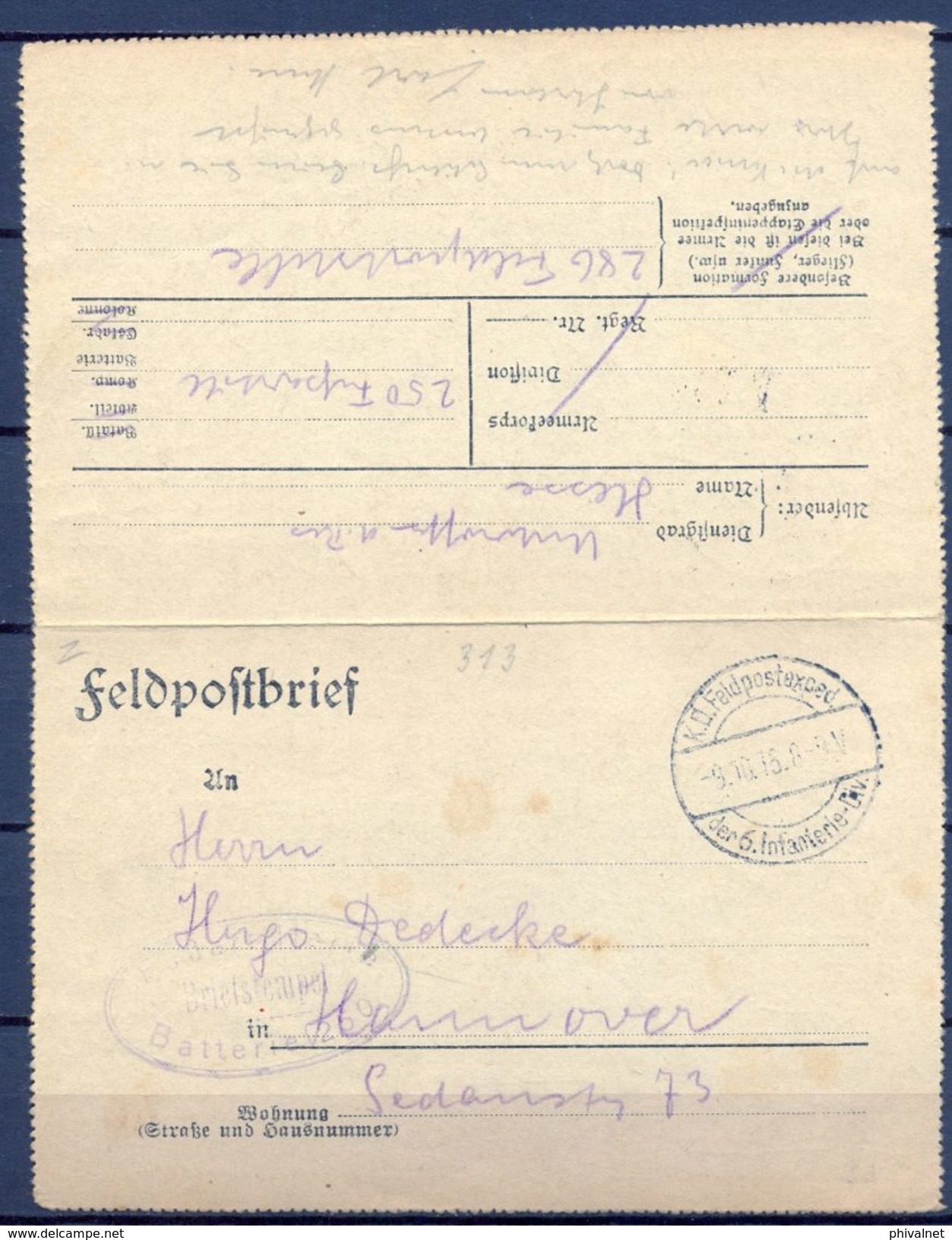 1916 , ALEMANIA , CORREO DE CAMPAÑA , CIRCULADA A HANNOVER , 6. INFANTERIE DIV.  / BATTERIE 260 - Cartas & Documentos
