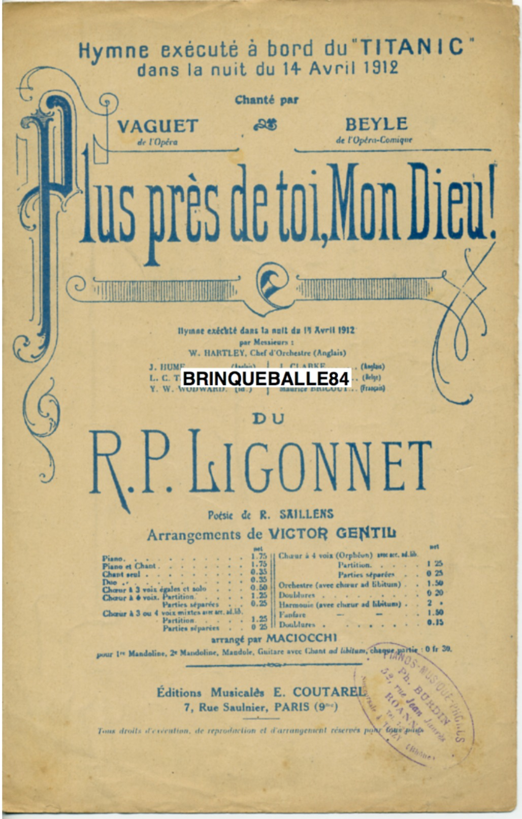 CAF CONC MILITARIA PARTITION TITANIC PLUS PRÈS DE TOI MON DIEU 14 AVRIL 1912 OPÉRA VAGUET BEYLE HARTLEY LIGONNET - Altri & Non Classificati