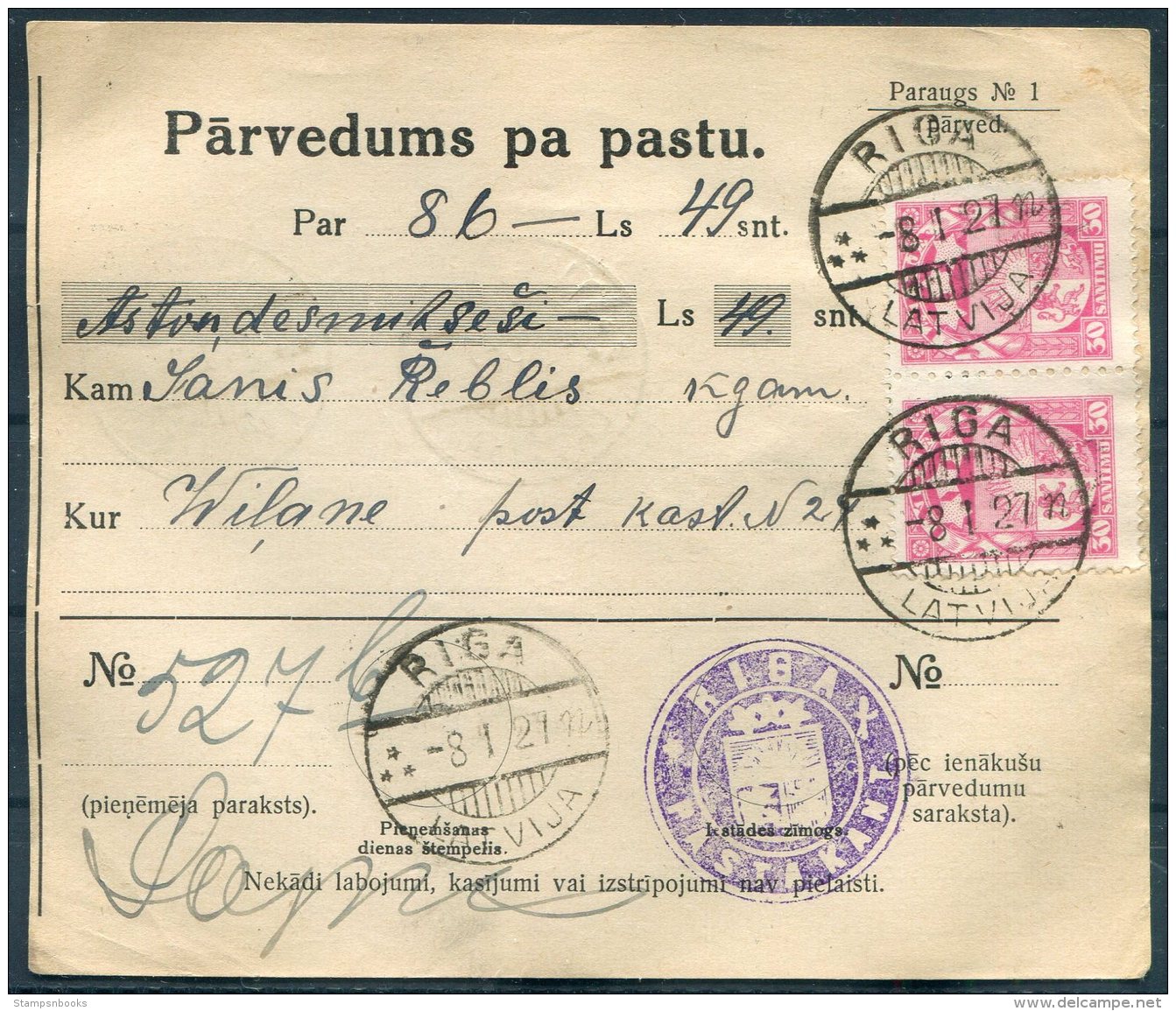 1927 Latvia Parvedums Pa Pastu Riga - Vilani - Latvia