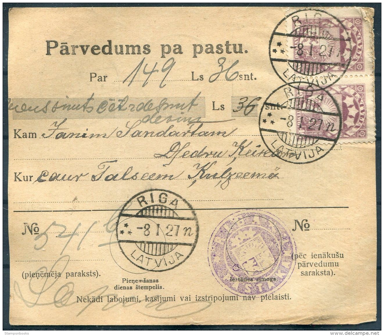 1927 Latvia Parvedums Pa Pastu Riga - Talsi - Latvia