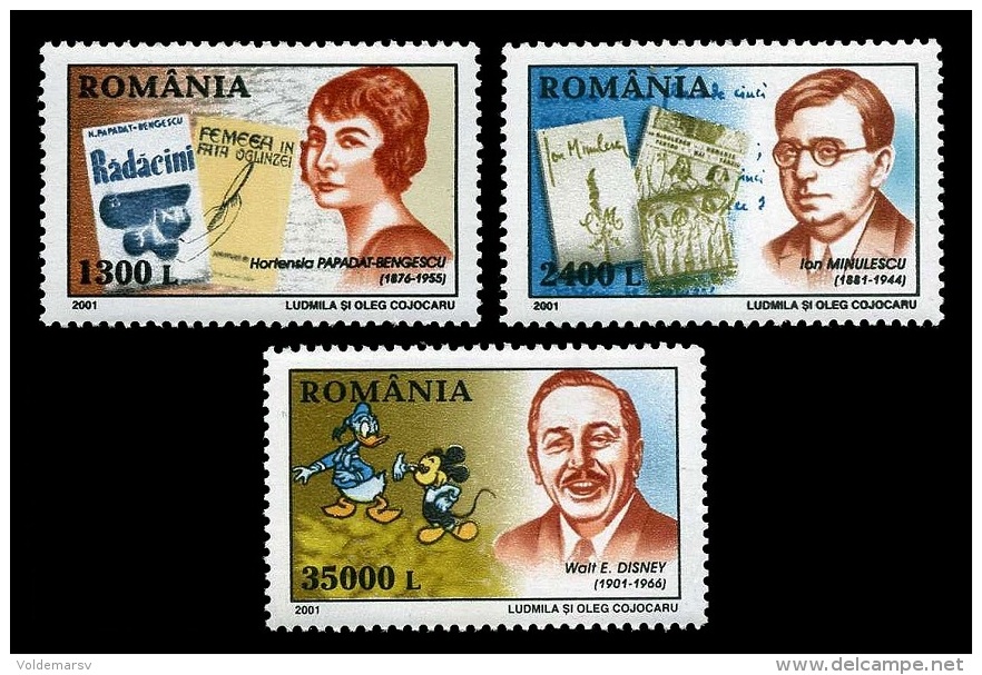 Romania 2001 Mih. 5563/65 Famous People. Writer Papadat-Bengescu. Poet Ion Minulescu. Walt Disney MNH ** - Unused Stamps