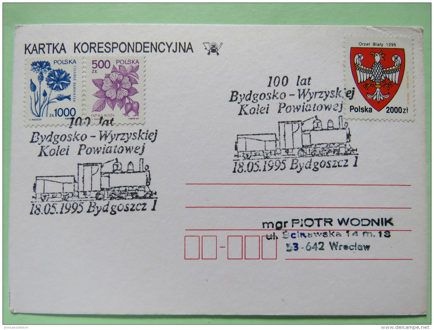 Poland 1995 Special Train Cancel On Postcard Bydgosko To Wroclaw - Arms Eagle - Flowers - Covers & Documents