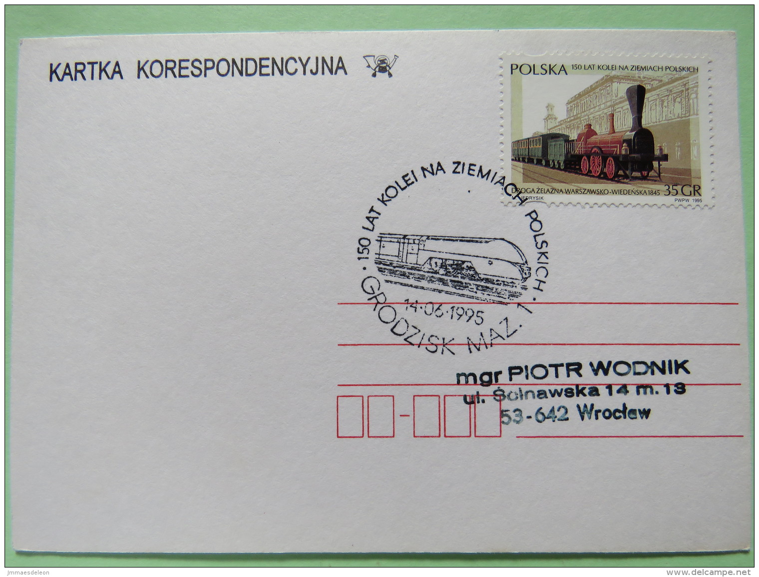 Poland 1995 FDC Train Cancel On Postcard Grodzisk To Wroclaw - Train - Covers & Documents