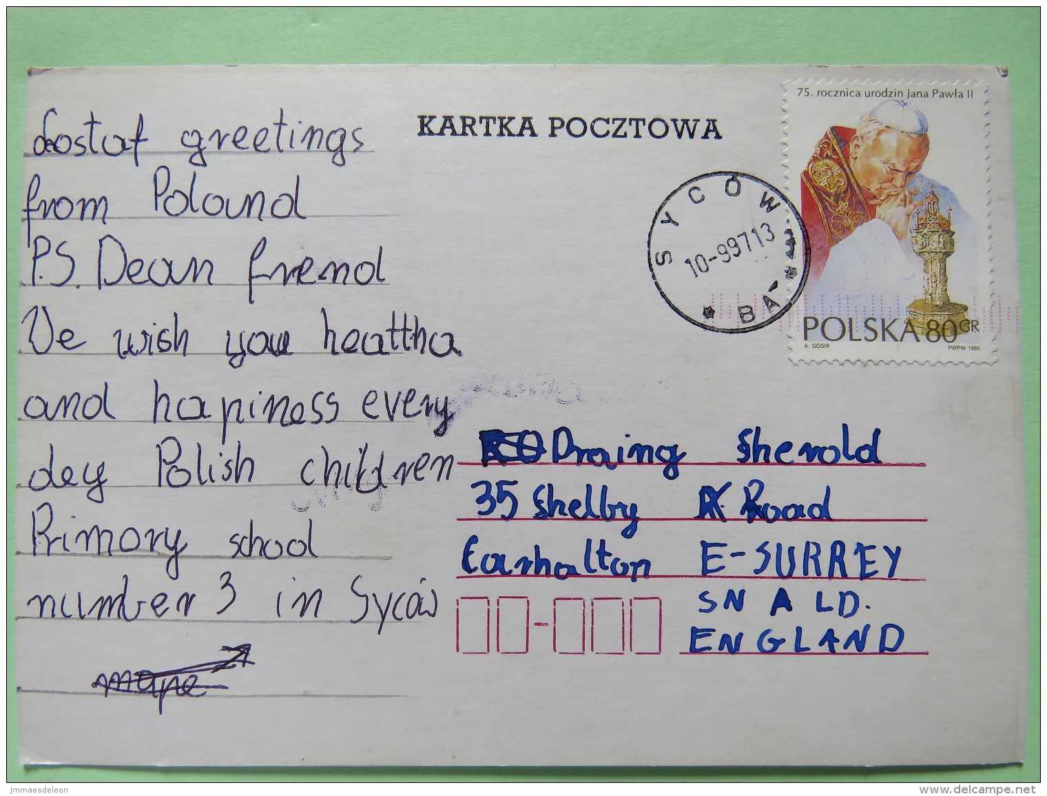 Poland 1997 Postcard Sycow To England - Pope John Paul II - Covers & Documents