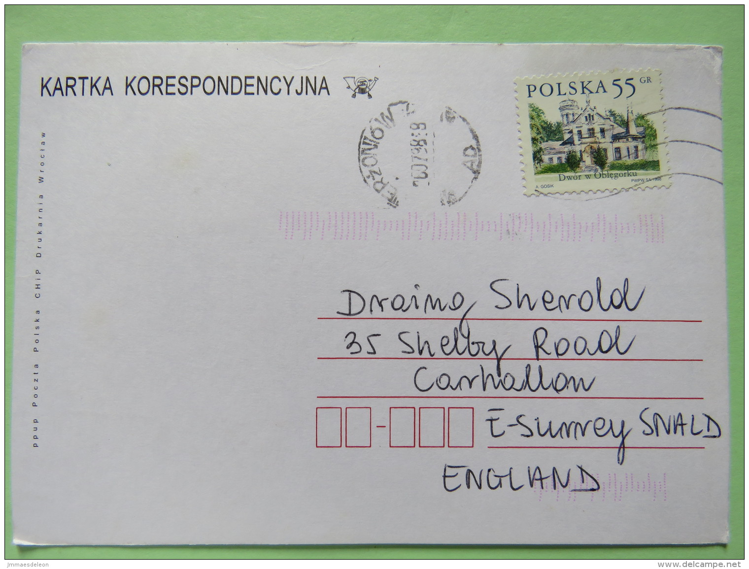 Poland 1998 Postcard To England - Country Estates Oblegorku - Covers & Documents