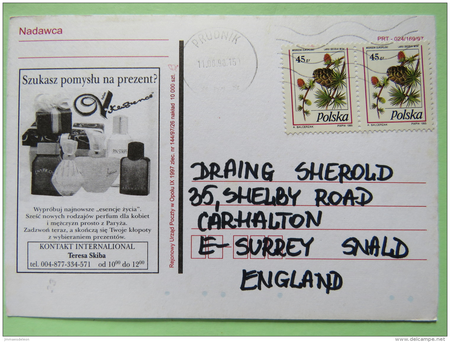 Poland 1998 Postcard Gifts - Prudnik To England - Pinecones Larix - Covers & Documents