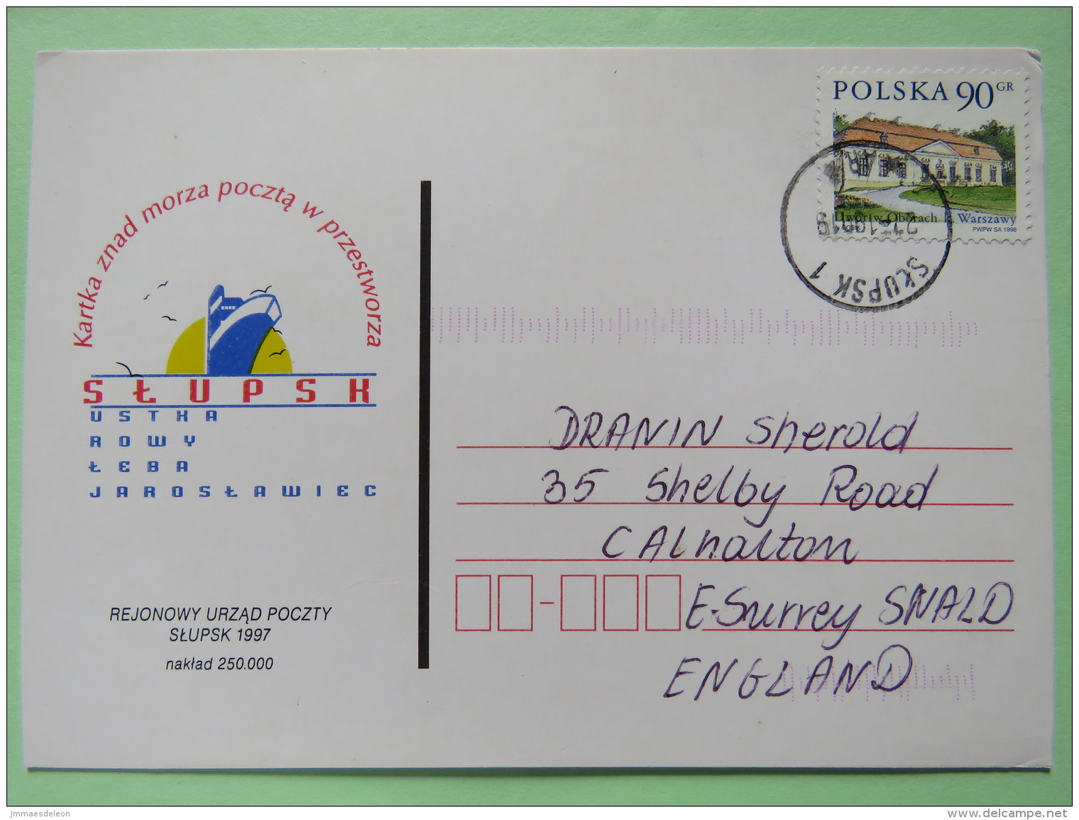 Poland 1998 Postcard Slupsk (ship) To England - Country Estates Oborach - Covers & Documents