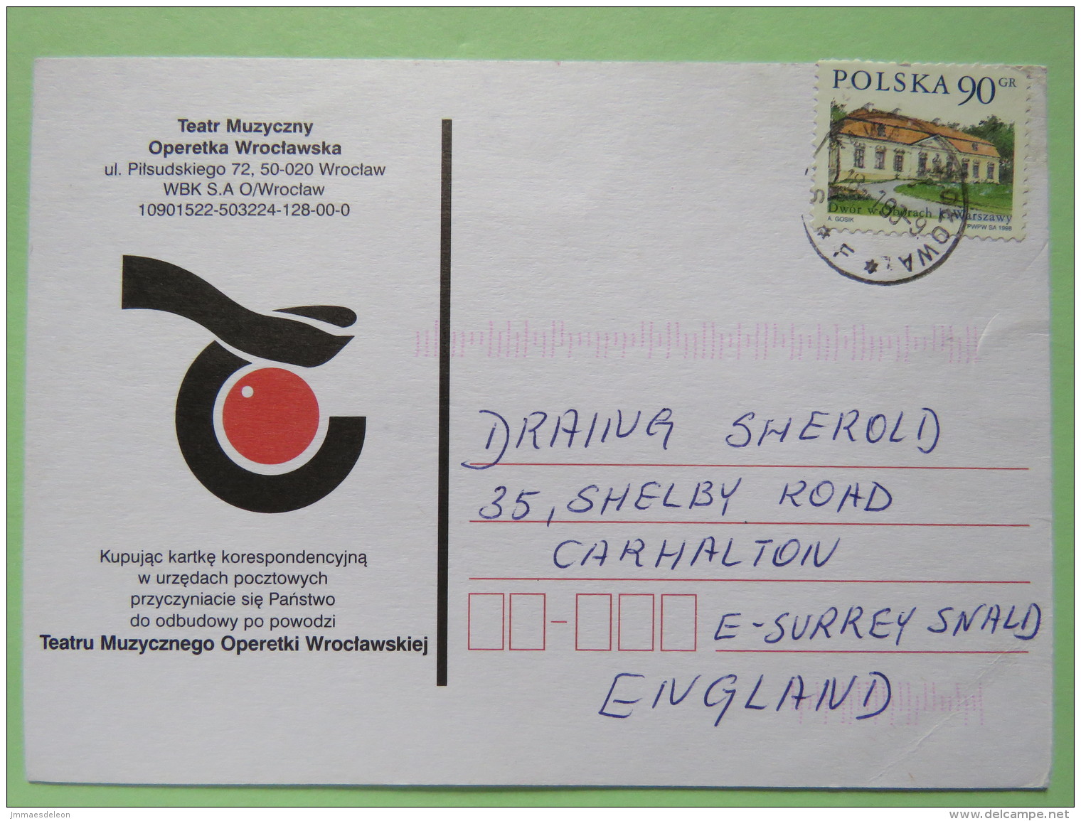 Poland 1998 Postcard Theatre Wolowa To England - Country Estates Oborach - Covers & Documents