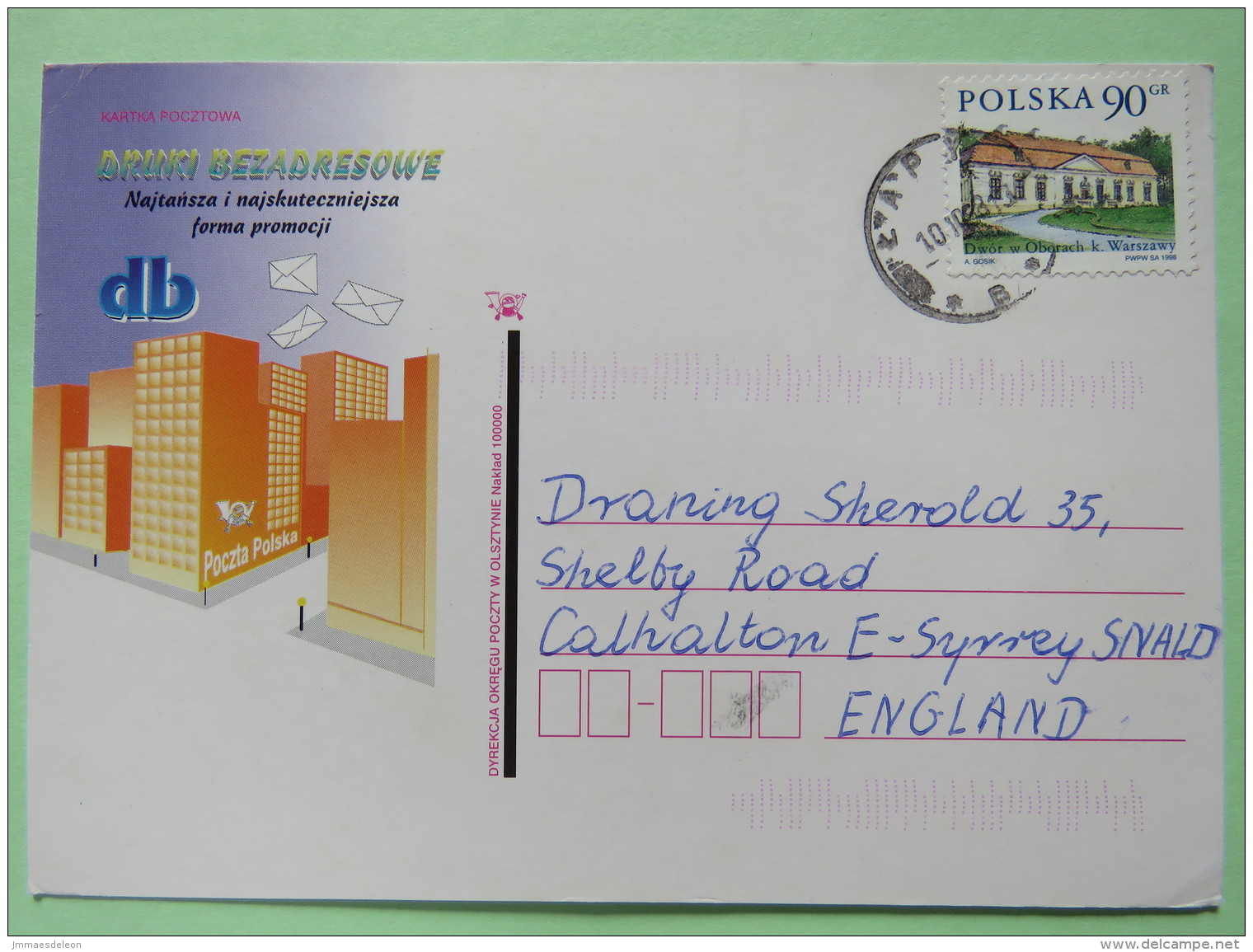 Poland 1998 Postcard ""letters Flying To Buildings"" To England - Country Estates Oborach - Covers & Documents