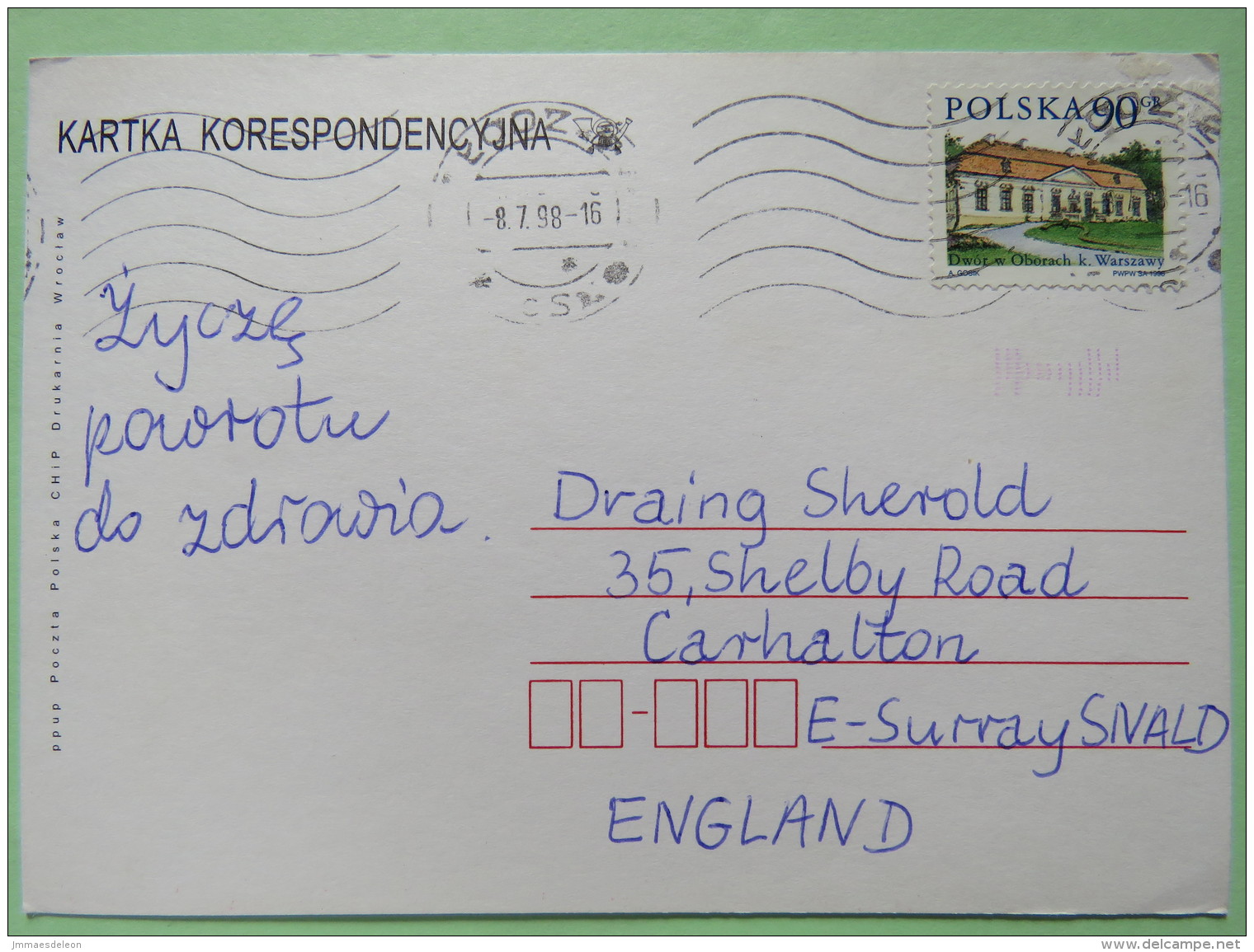 Poland 1998 Postcard Lodz To England - Country Estates Oborach - Covers & Documents