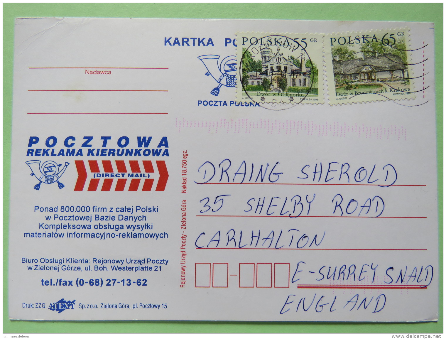 Poland 1998 Postcard Direct Mail Kozuchow To England - Country Estates Obergorku And Bronowicach - Covers & Documents