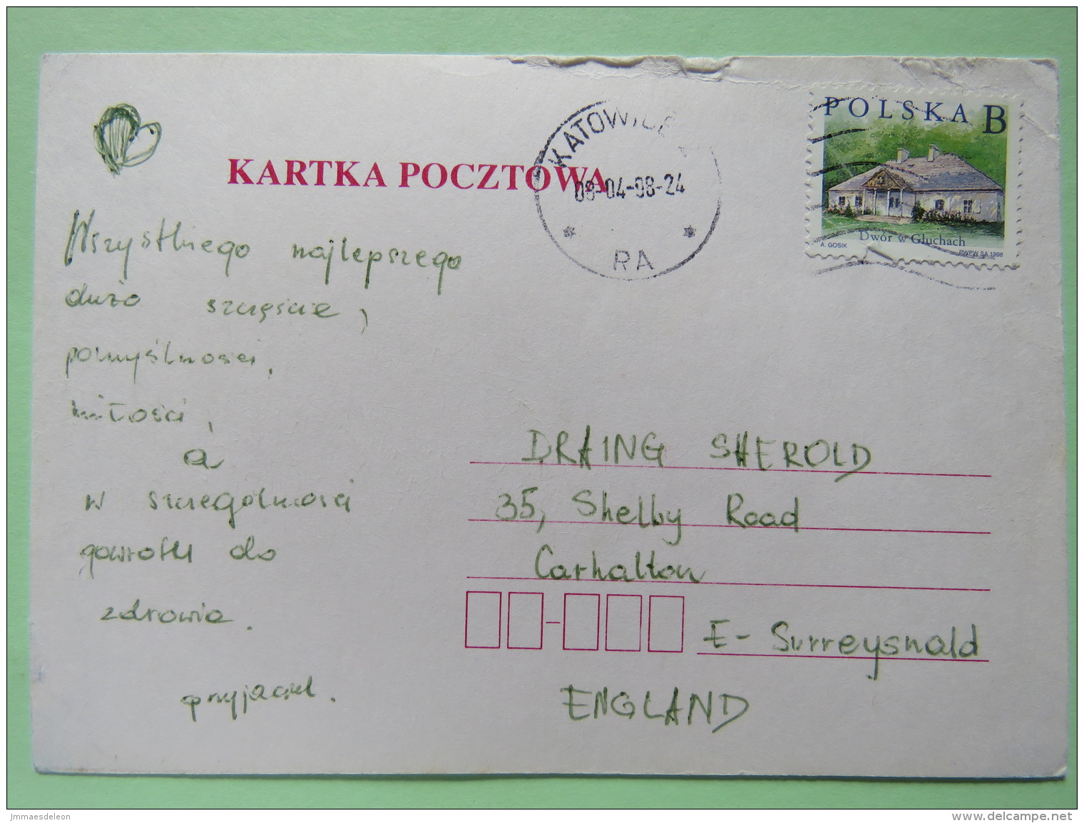 Poland 1998 Postcard Katowice To England - Country Estates Gluchach - Covers & Documents