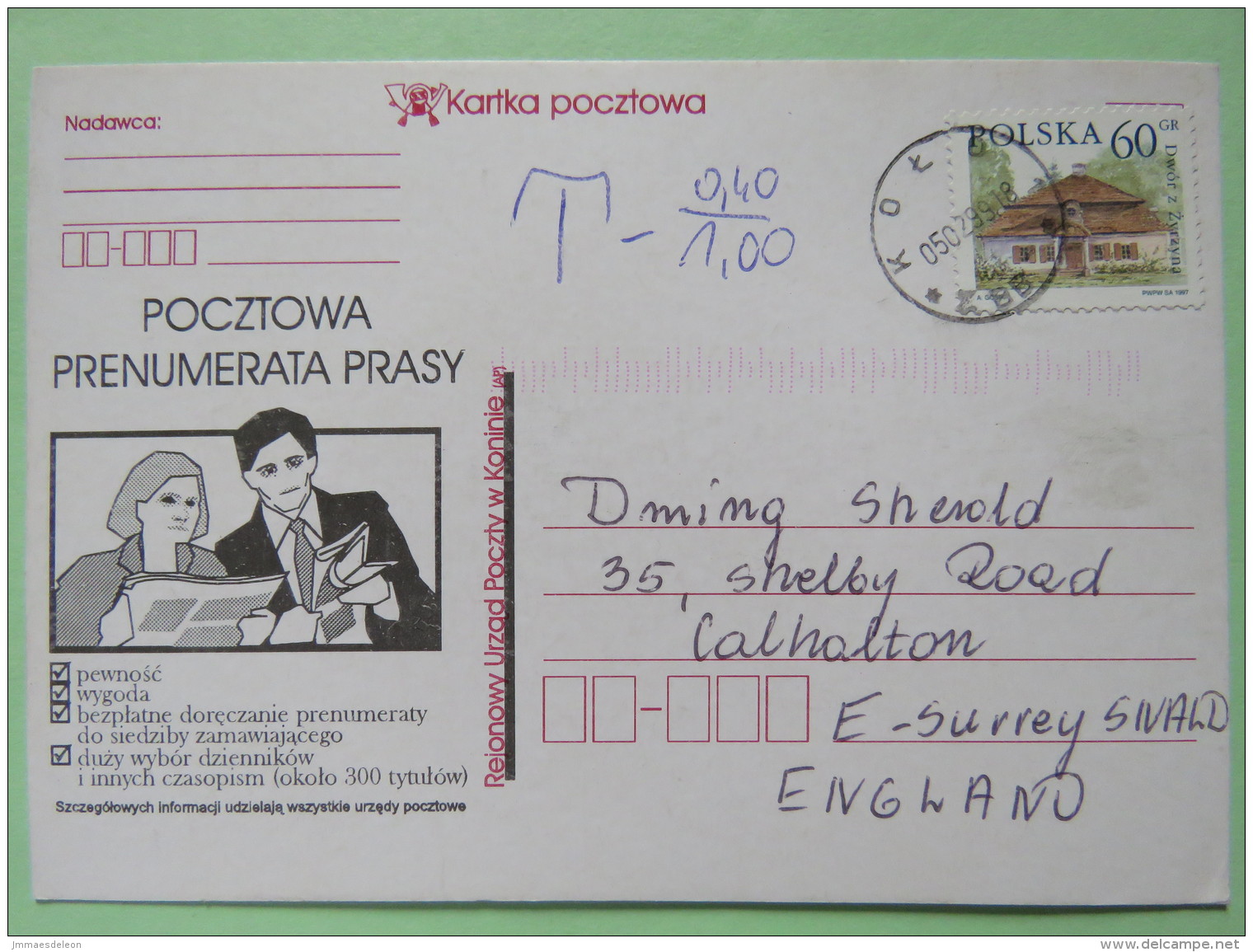 Poland 1999 Postcard People Reading Newspapers - Kolo To England - Country Estates Zyrzyna - Tax Due - Covers & Documents