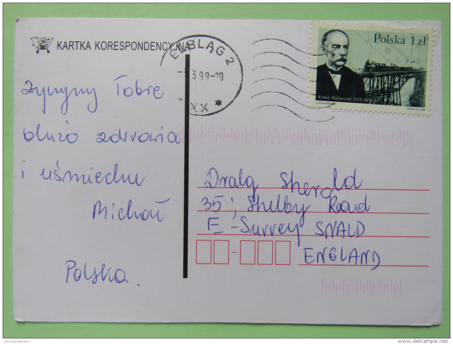 Poland 1999 Postcard Elblag To England - Malinowski Constructor Andean Train Peru - Covers & Documents