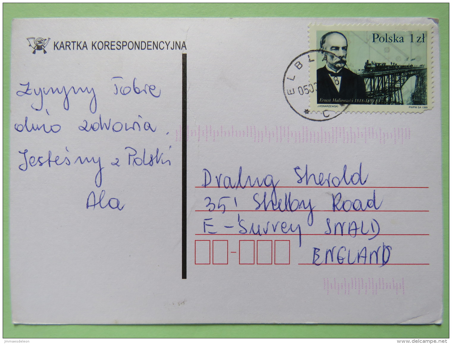 Poland 1999 Postcard Elblag To England - Malinowski Constructor Andean Train Peru - Covers & Documents