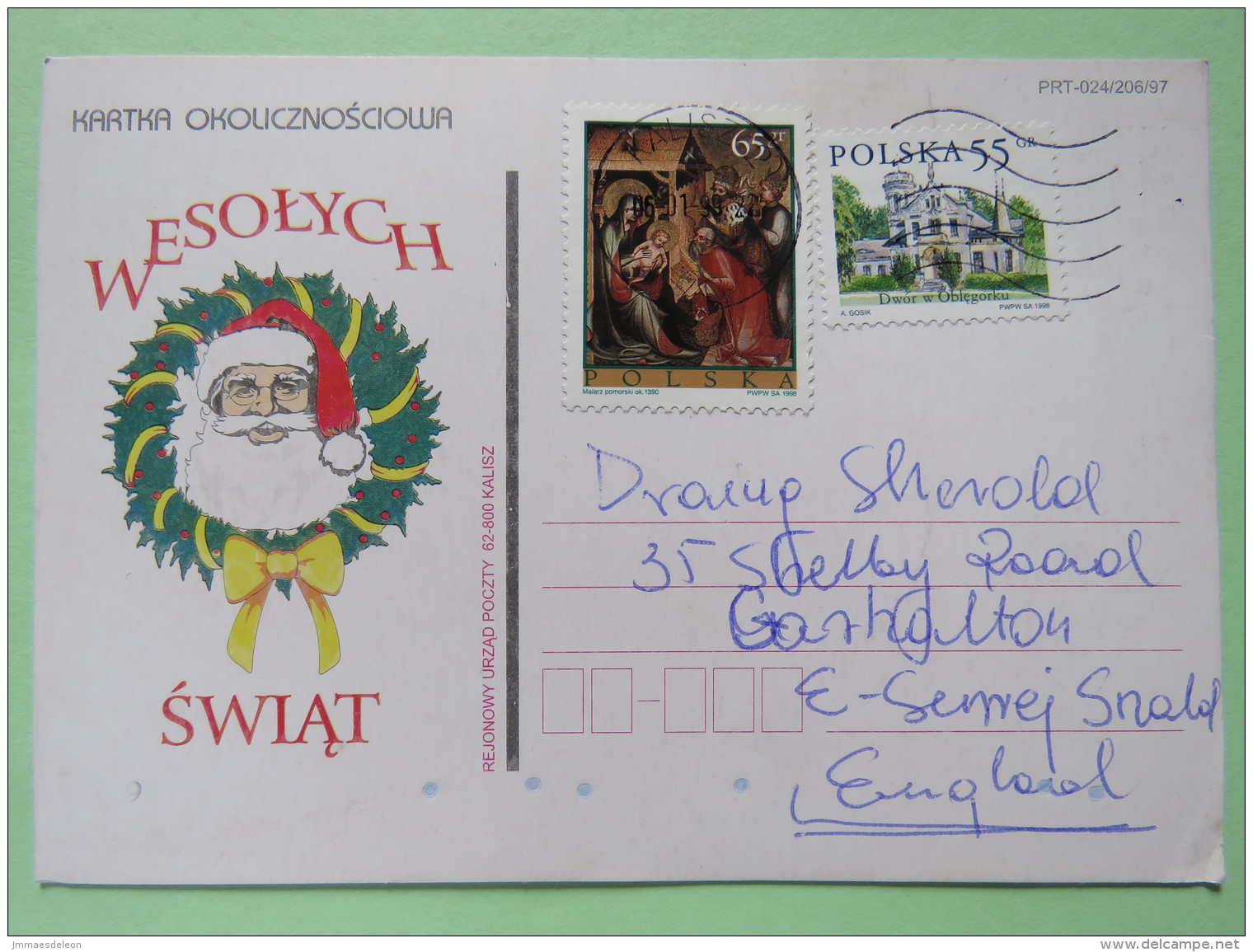 Poland 1999 Postcard Christmas Santa Claus - Kalisz To England - Country Estates Oblegorku - Easter Painting Adoration O - Covers & Documents