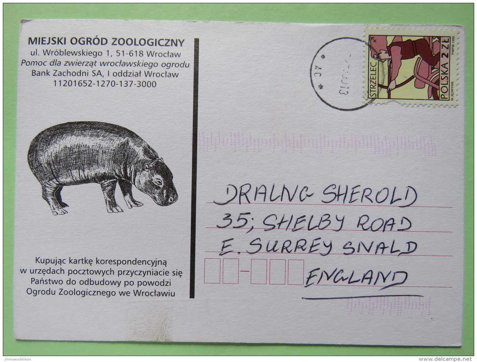 Poland 1999 Postcard Miejski Ogrod Zoo (hippopotamus) - To England - Zodiac Sagittarius With Bow And Motorcycle - Covers & Documents