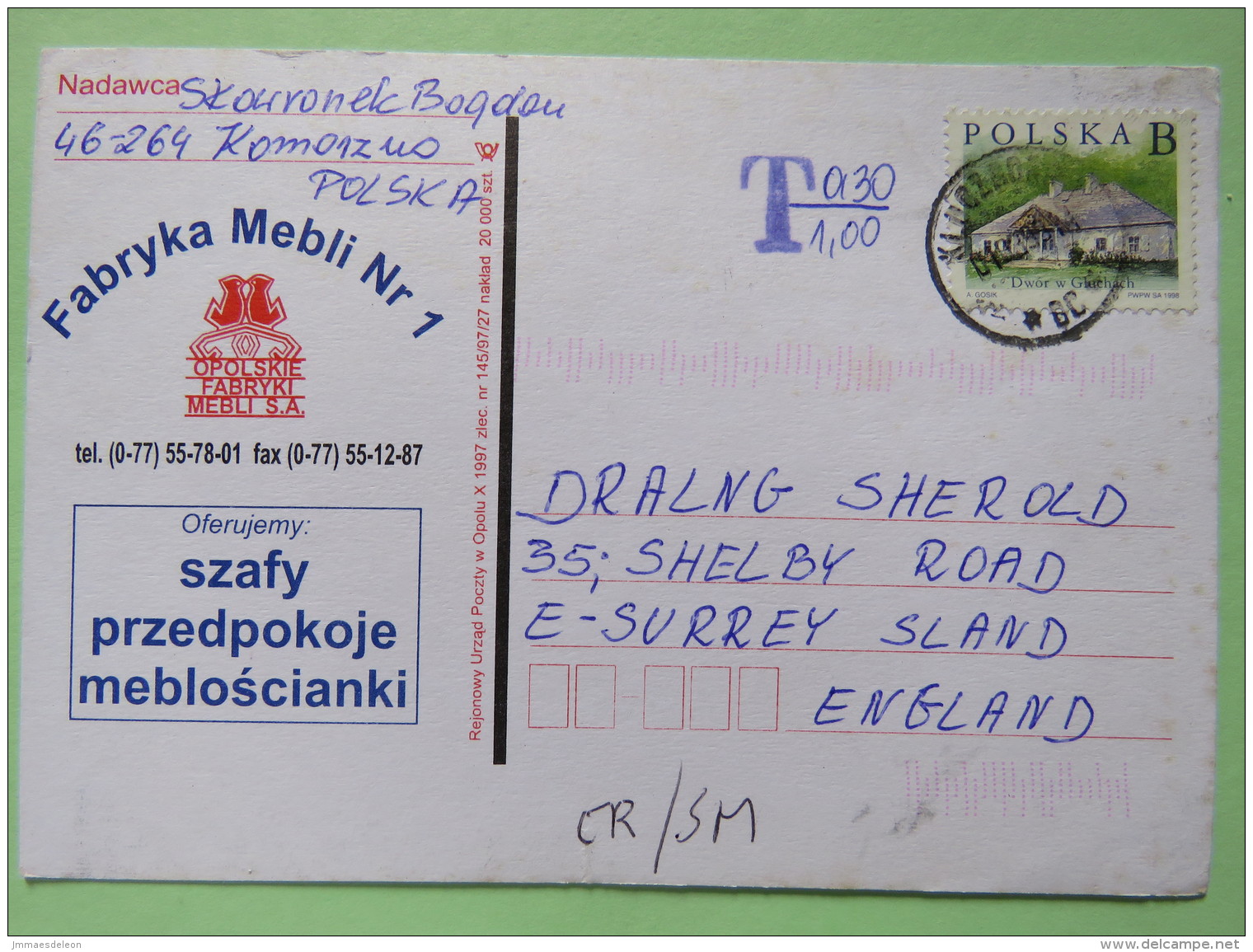 Poland 1999 Postcard Mebli Furnitures - Klucznon To England - Country Estates Gluchach - Tax Due - Covers & Documents