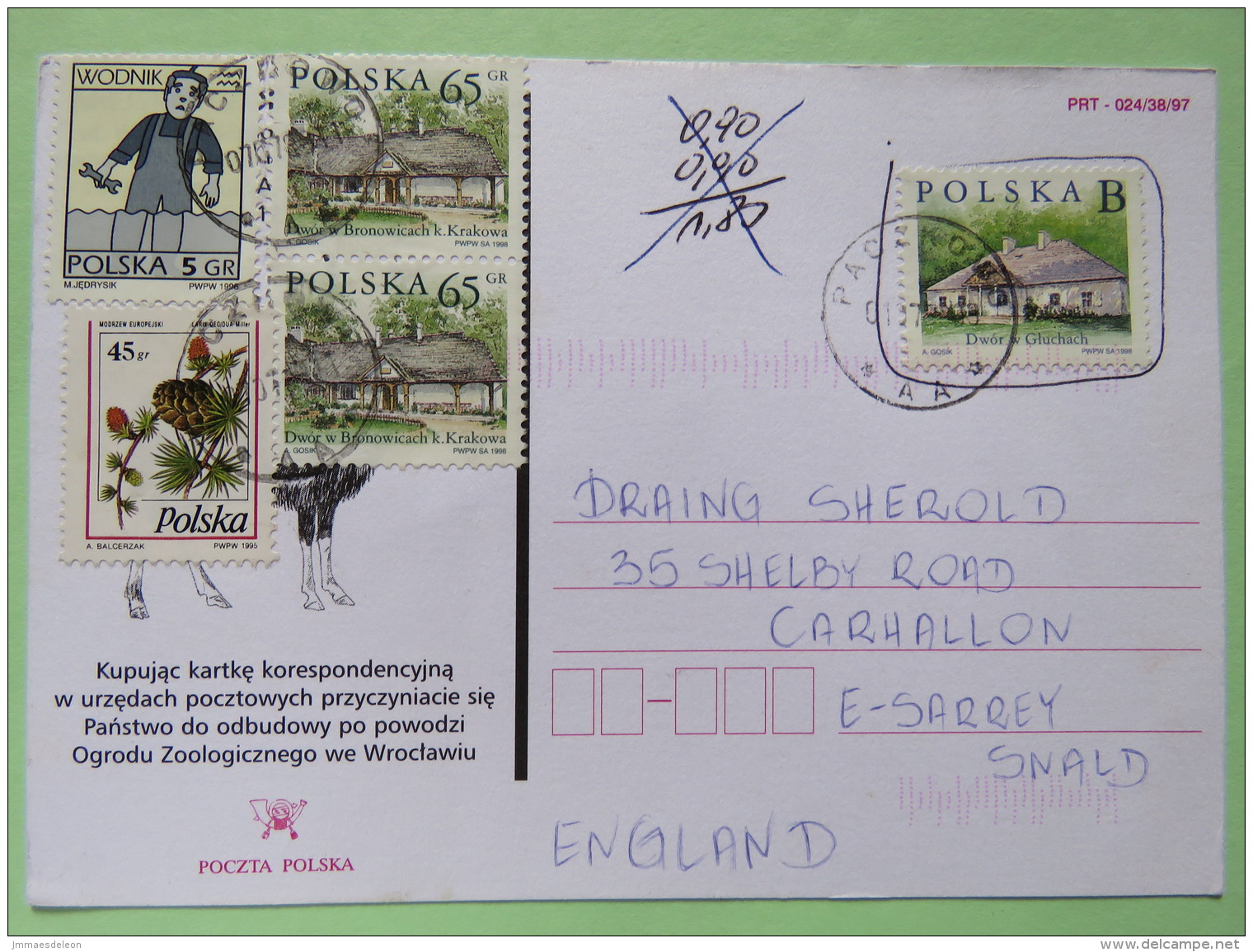 Poland 1999 Postcard Paczkowo To England - Country Estates Gluchach And Bronowicach - Zodiac Aquarius - Pinecones Larix - Covers & Documents