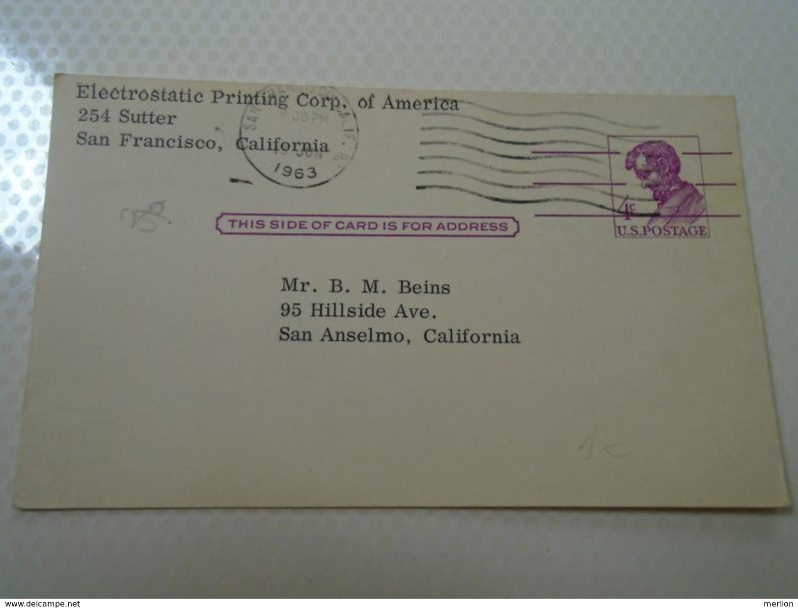 D152413 US Postal Stationery -Electrostatic Printing Company San Francisco -Elizabeth Johnson 1963 - Autres & Non Classés